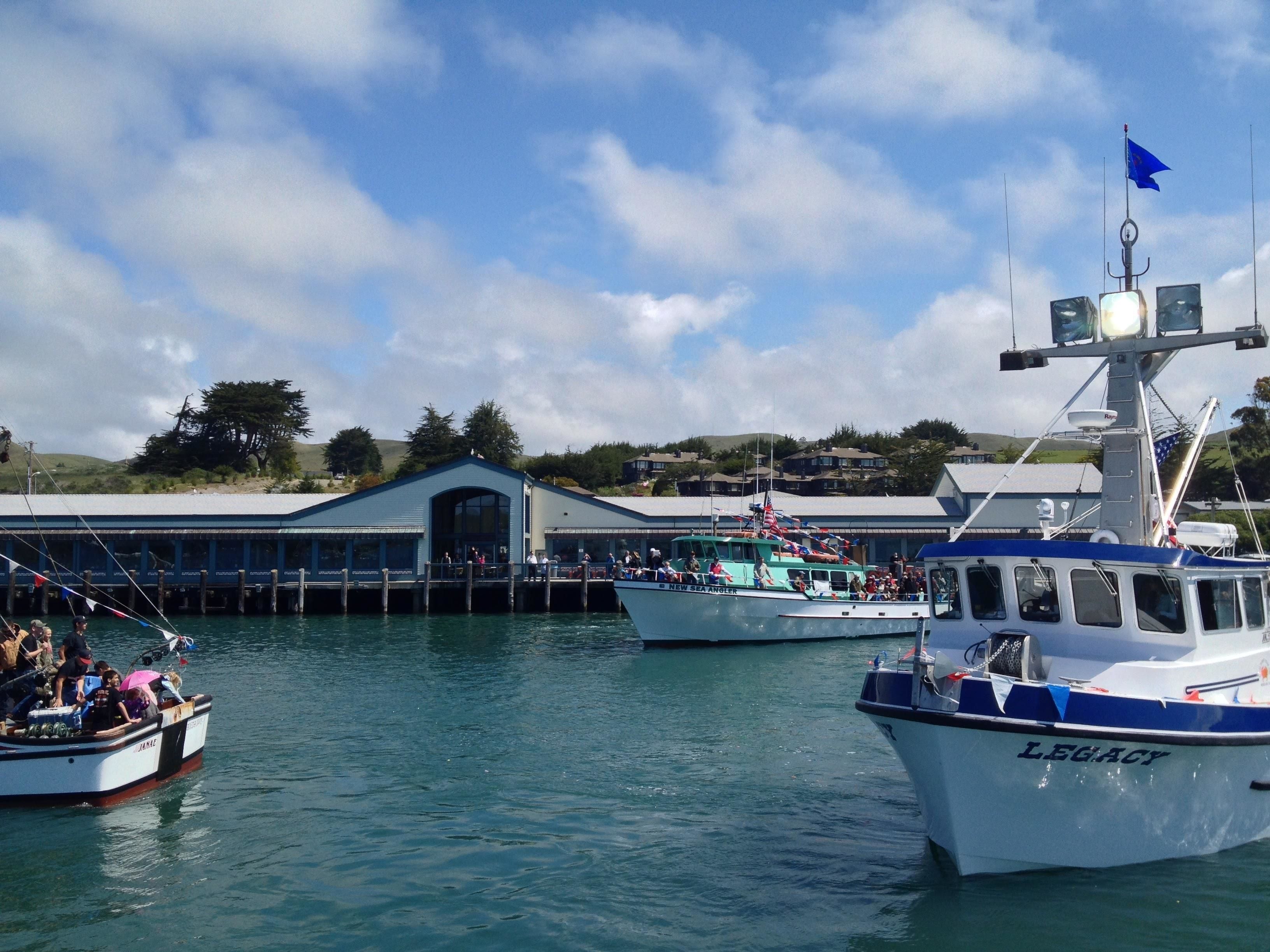 A harbor with boats docked, a building with a blue roof, and a clear sky.