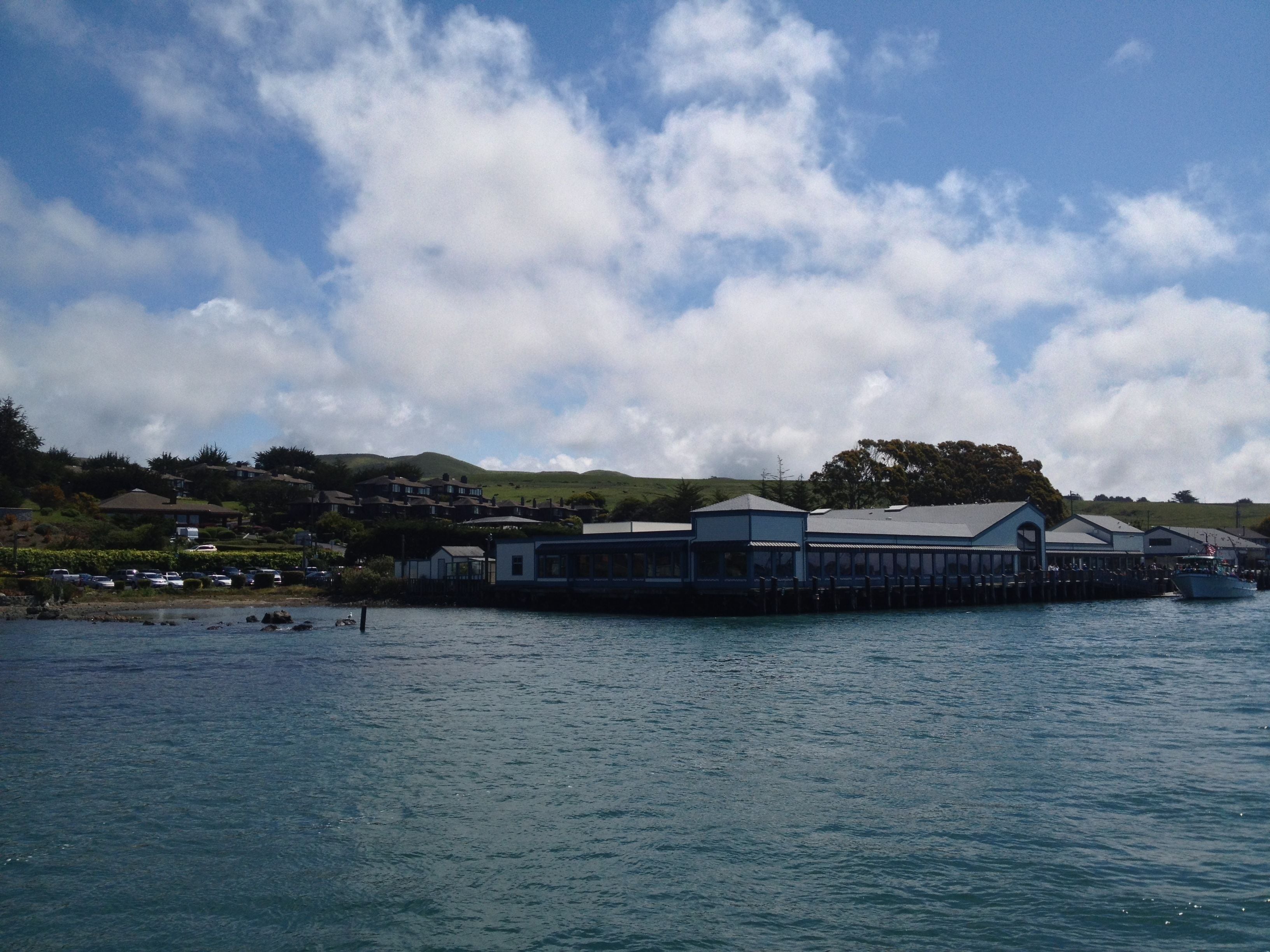 A waterfront building with a dock, surrounded by a residential area and hills.