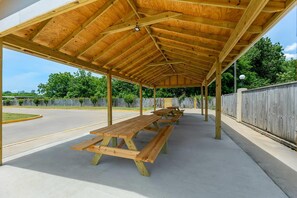A covered picnic area with wooden benches and a concrete floor.