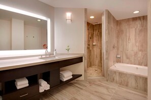 Combined shower/tub, free toiletries, hair dryer, bathrobes