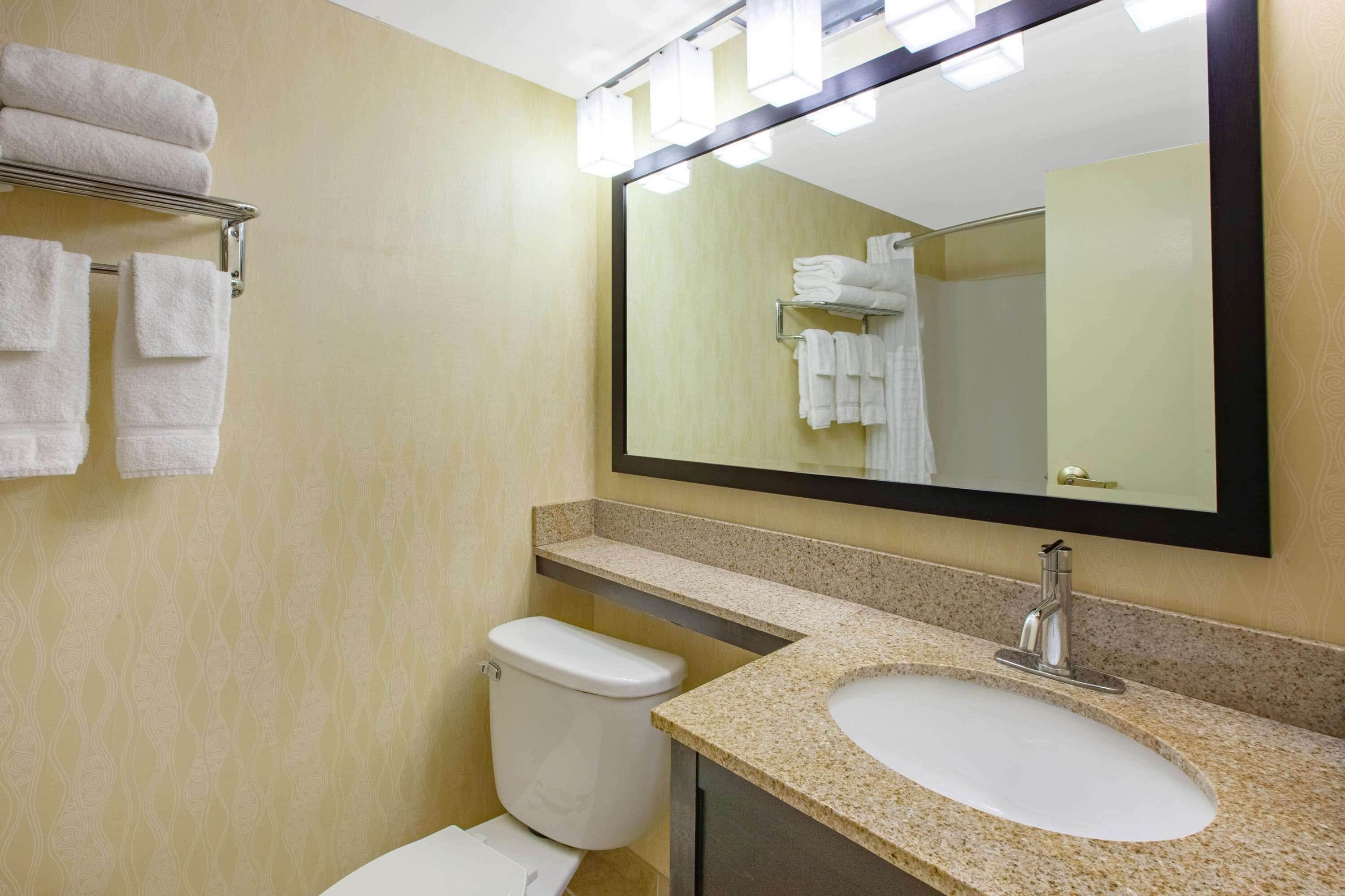 Un baño con lavabo, espejo, toallero y retrete.