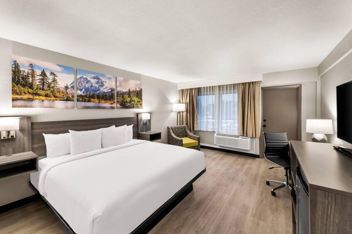 A hotel room with a large bed, a desk, a chair, and a TV. There are paintings on the wall and a window with curtains.