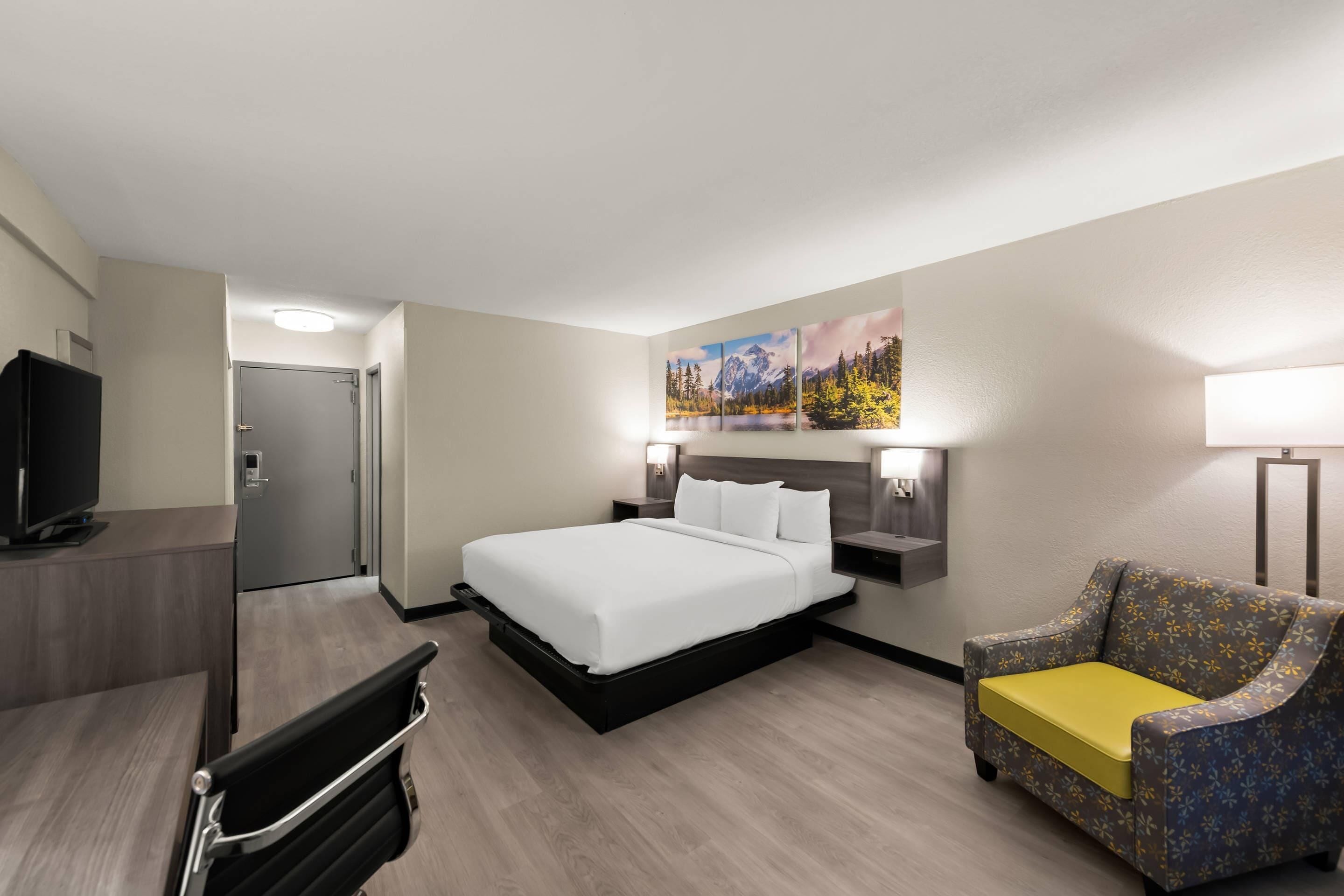 A hotel room with a bed, a desk, a TV, a sofa, and a painting on the wall.