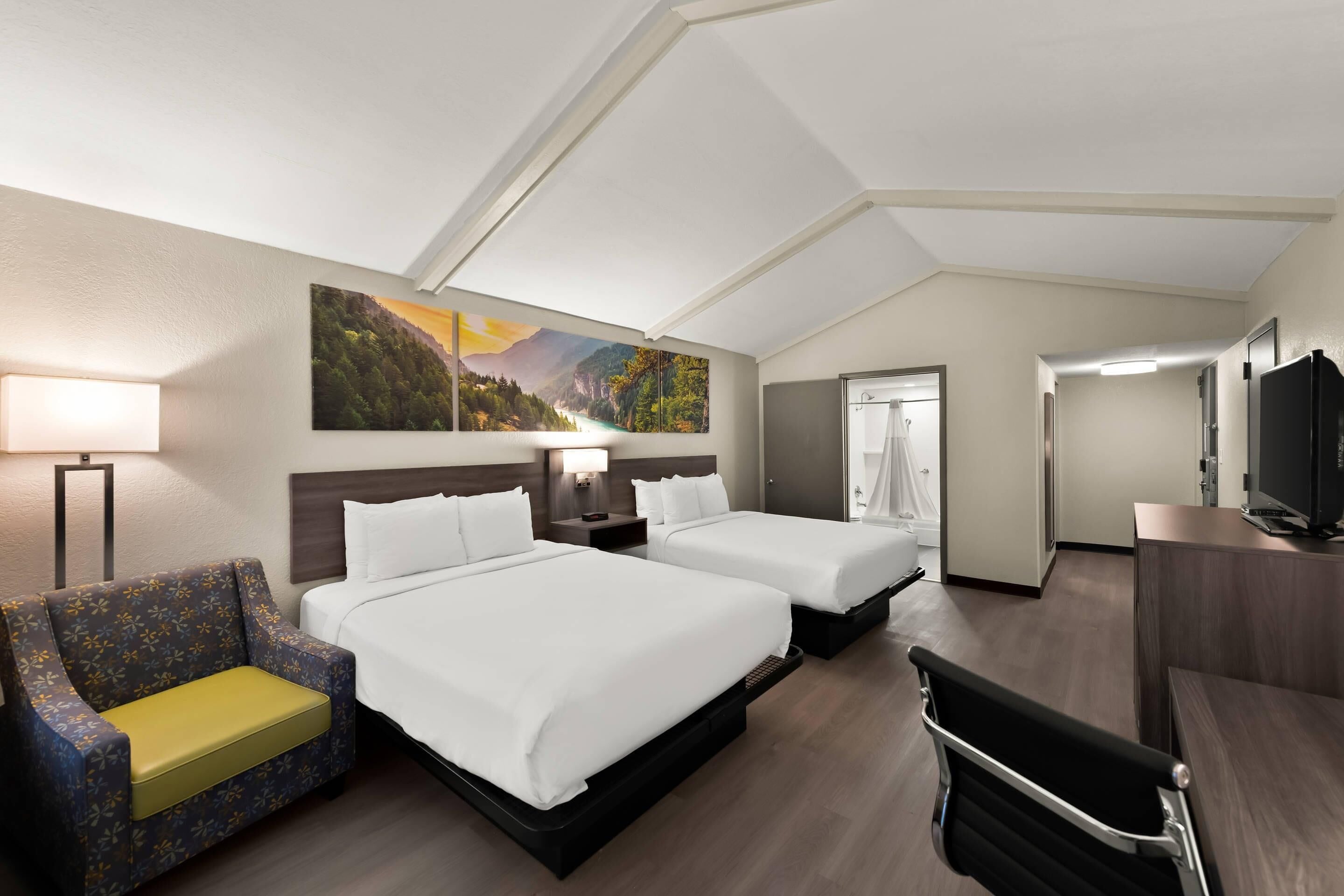 Habitación de hotel con dos camas, un sofá, un televisor y un cuadro en la pared.