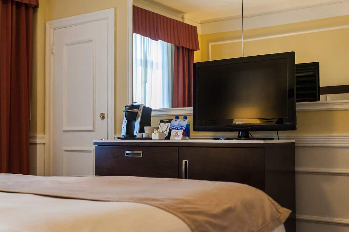 Habitación de hotel con cama, televisor sobre un mueble, cafetera y minibar.