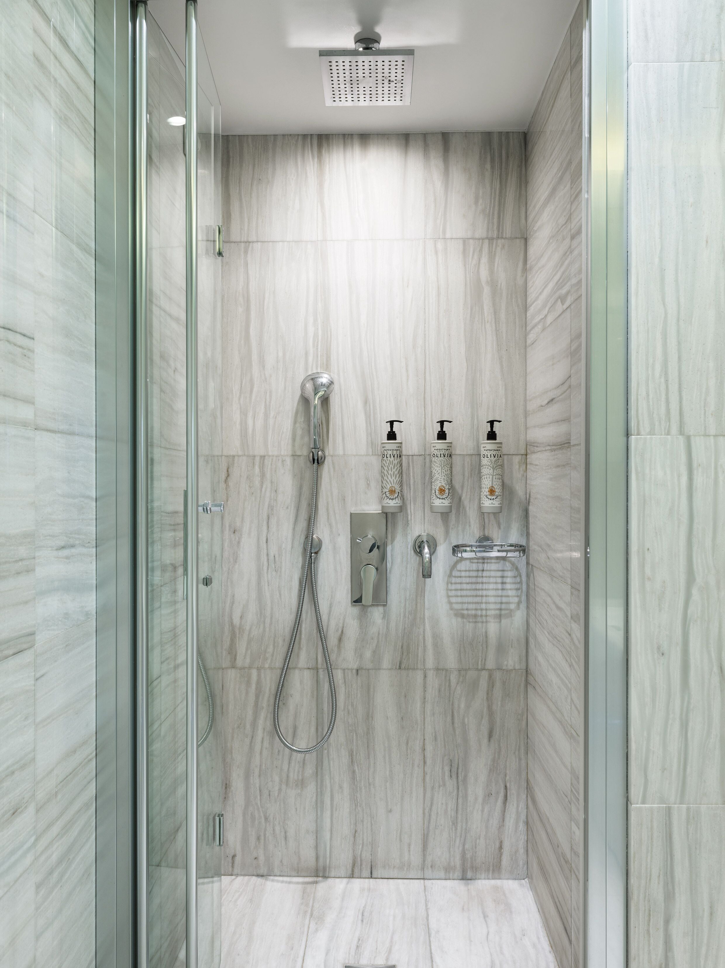 Une douche moderne dotée d’une porte en verre, d’un pommeau de douche à main, d’un robinet mural et d’un distributeur de savon.