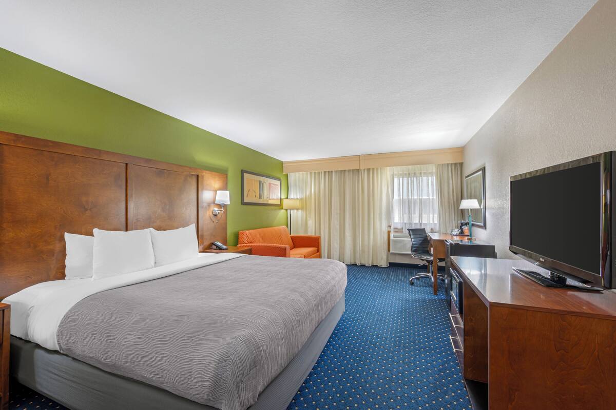 A hotel room with a large bed, a desk with a TV, a chair, and a desk lamp.