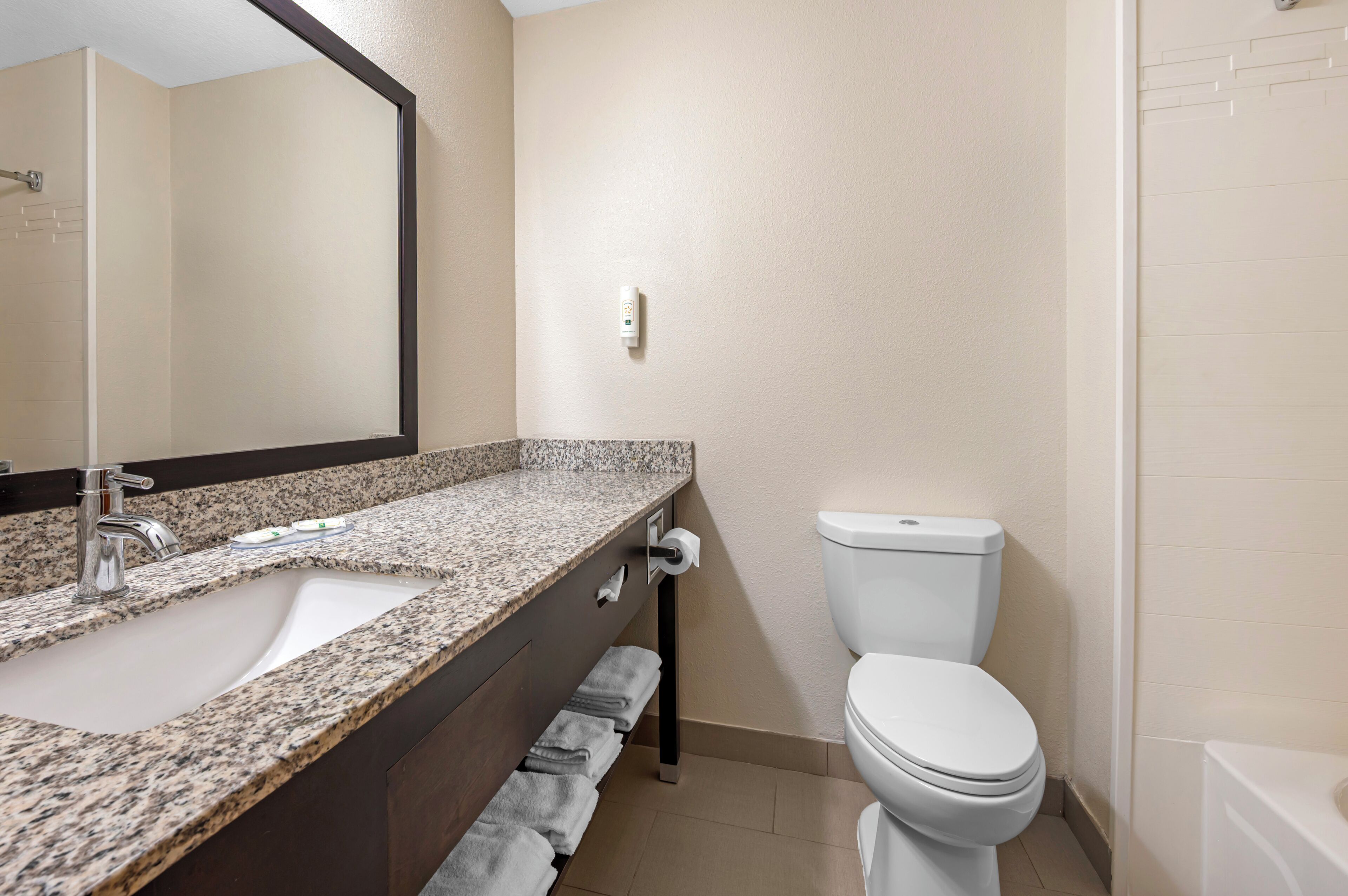 Baño con lavamanos de granito, inodoro y zona de ducha.
