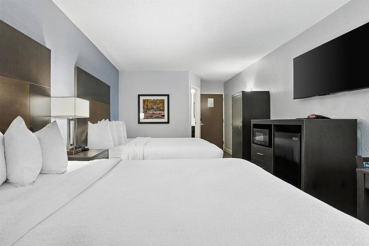 Een hotelkamer met twee bedden, een flatscreen televisie, een koelkast en een schilderij aan de muur.