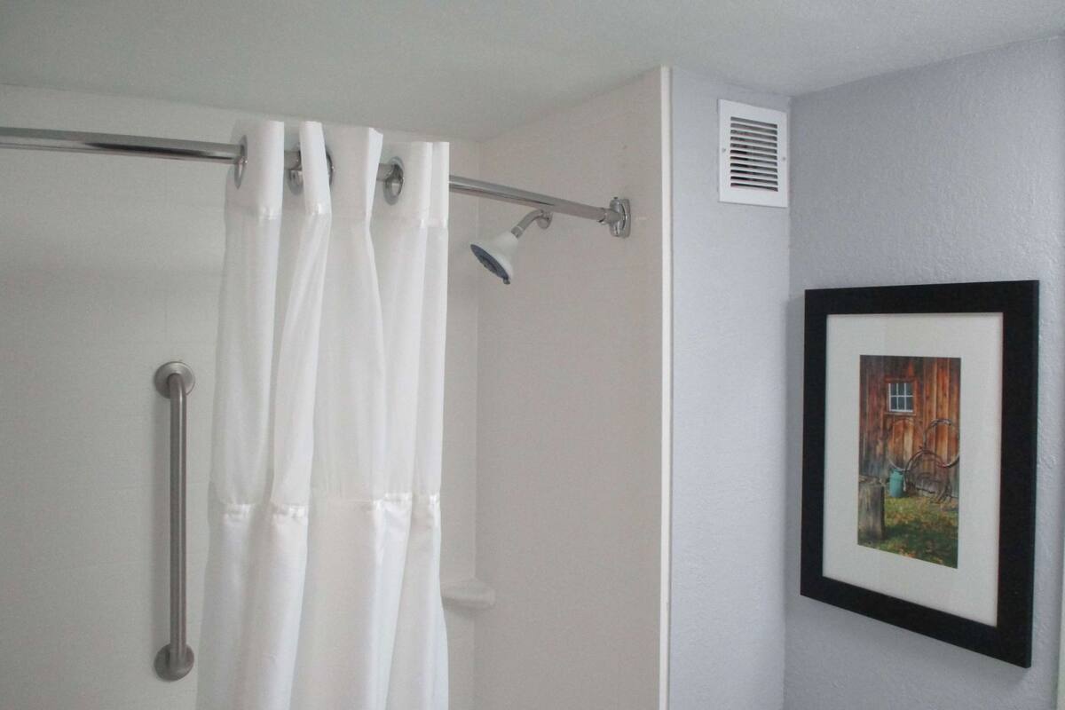 Een badkamer met douchegordijn, een handgreep, een lijst met foto aan de muur en een ventilatierooster.