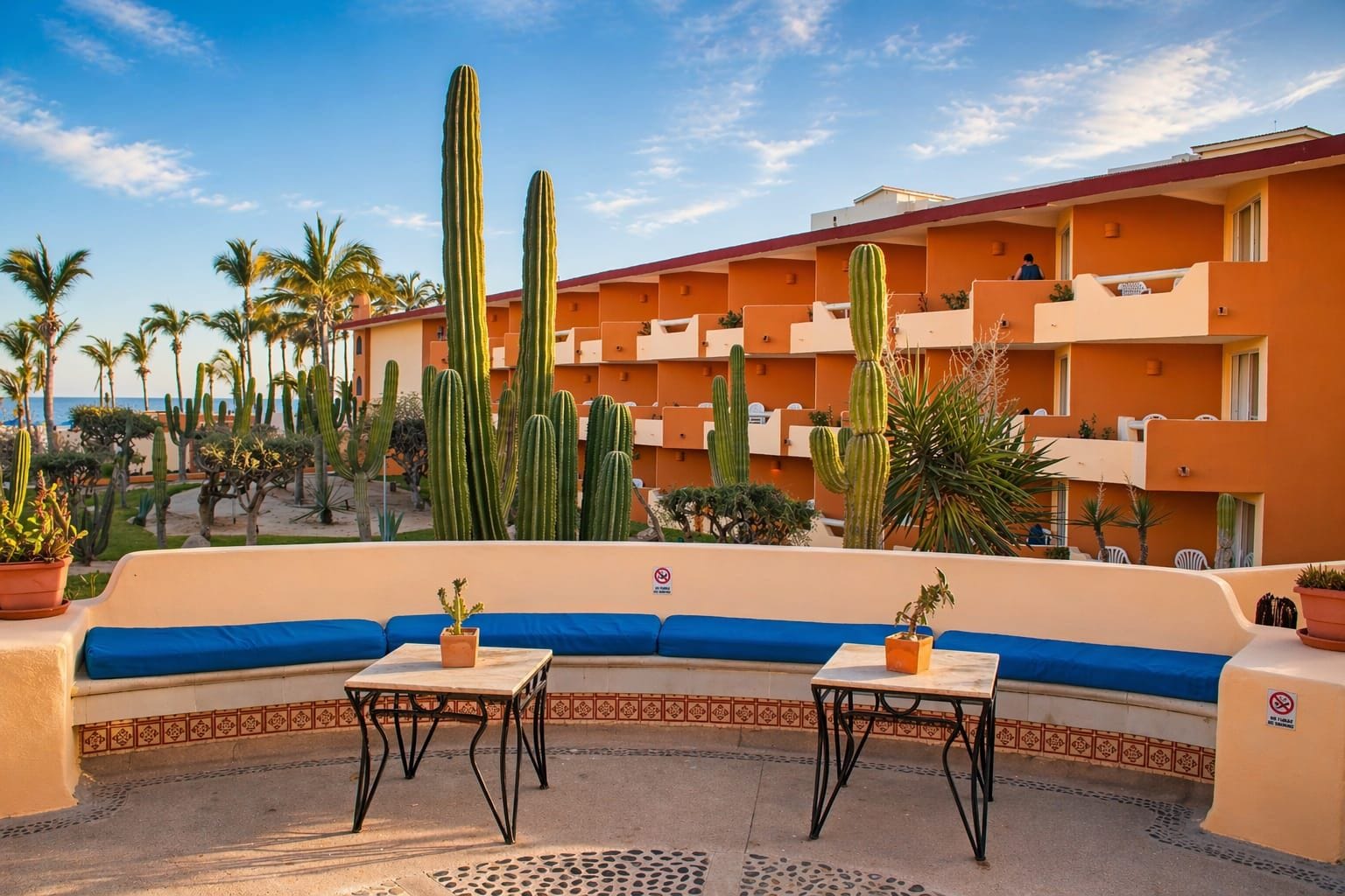 Un balcón de hotel con zona de estar, cactus y vista a la playa.
