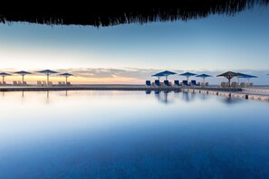 Outdoor pool, pool umbrellas, pool loungers