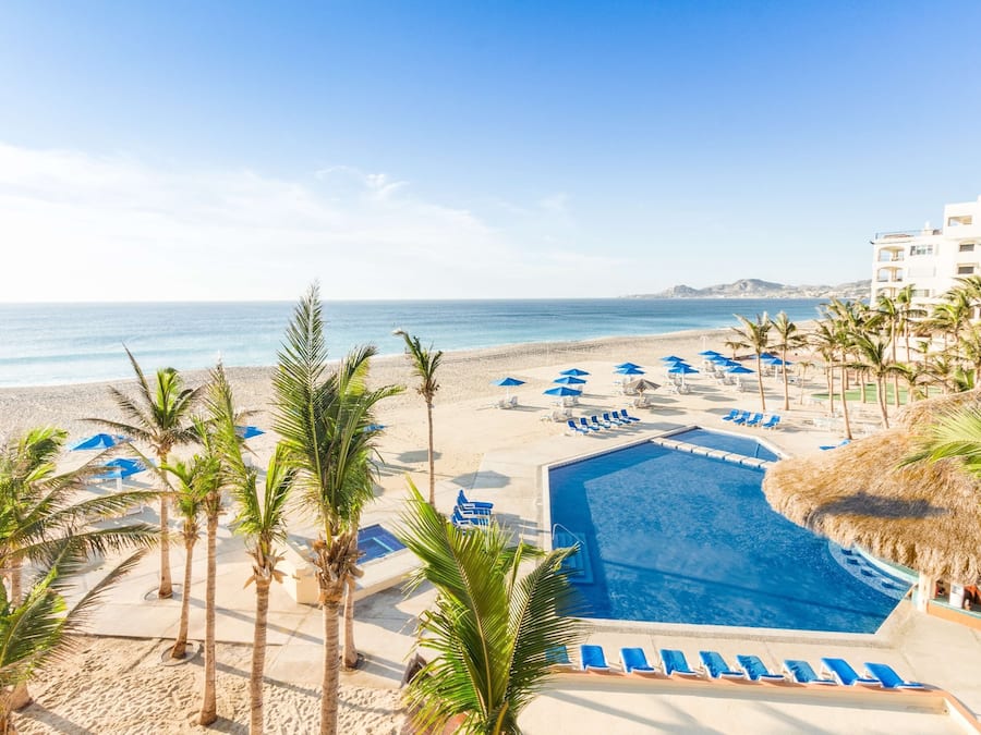 Outdoor pool, pool umbrellas, pool loungers