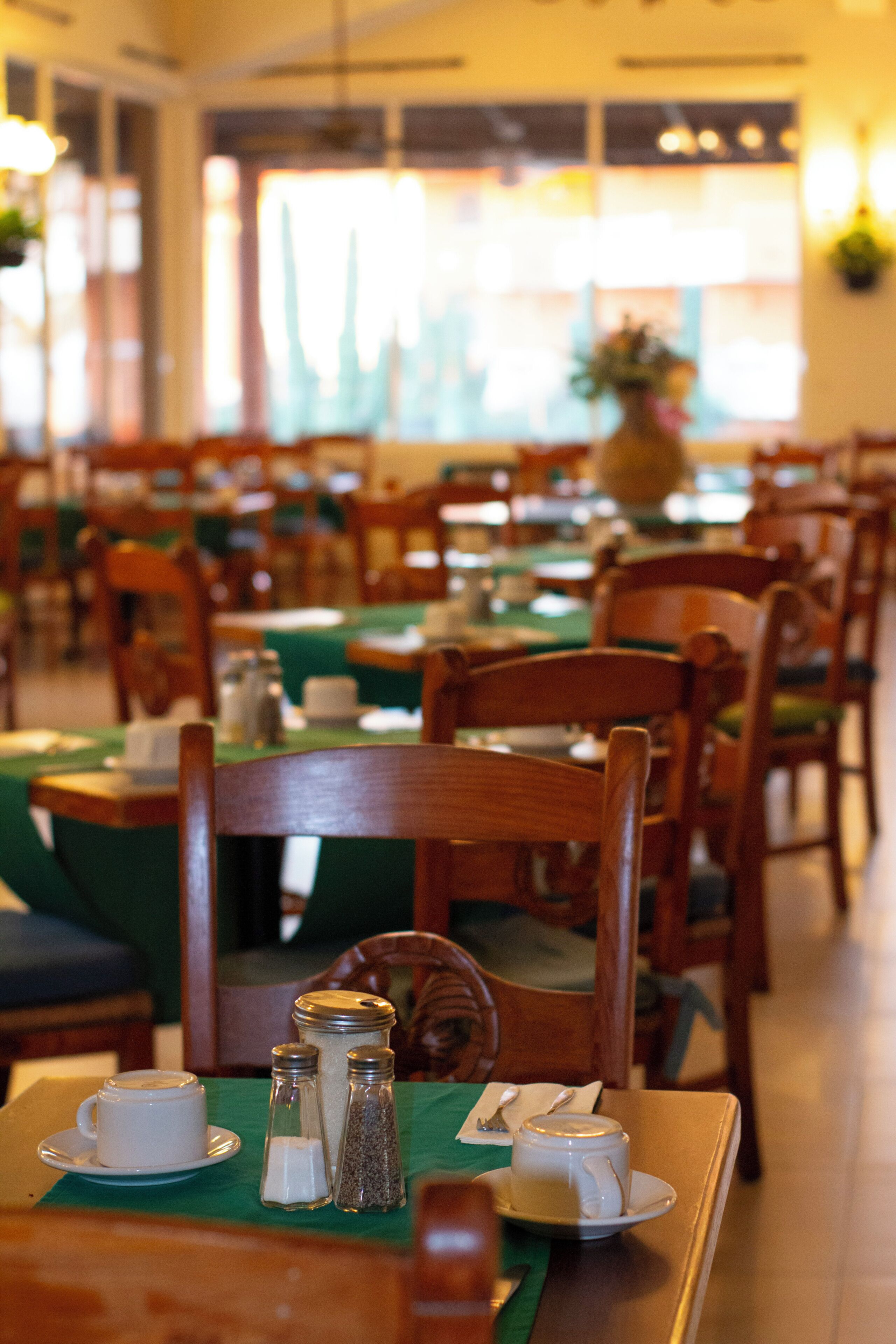 Interior de restaurante com mesas postas, cadeiras e toalha de mesa verde.