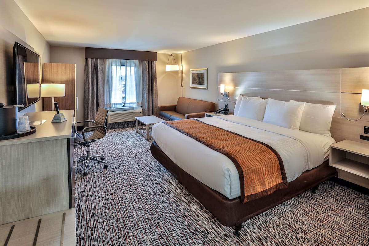 A hotel room with a large bed, a desk with a chair, a sofa, a TV, and a window with curtains.