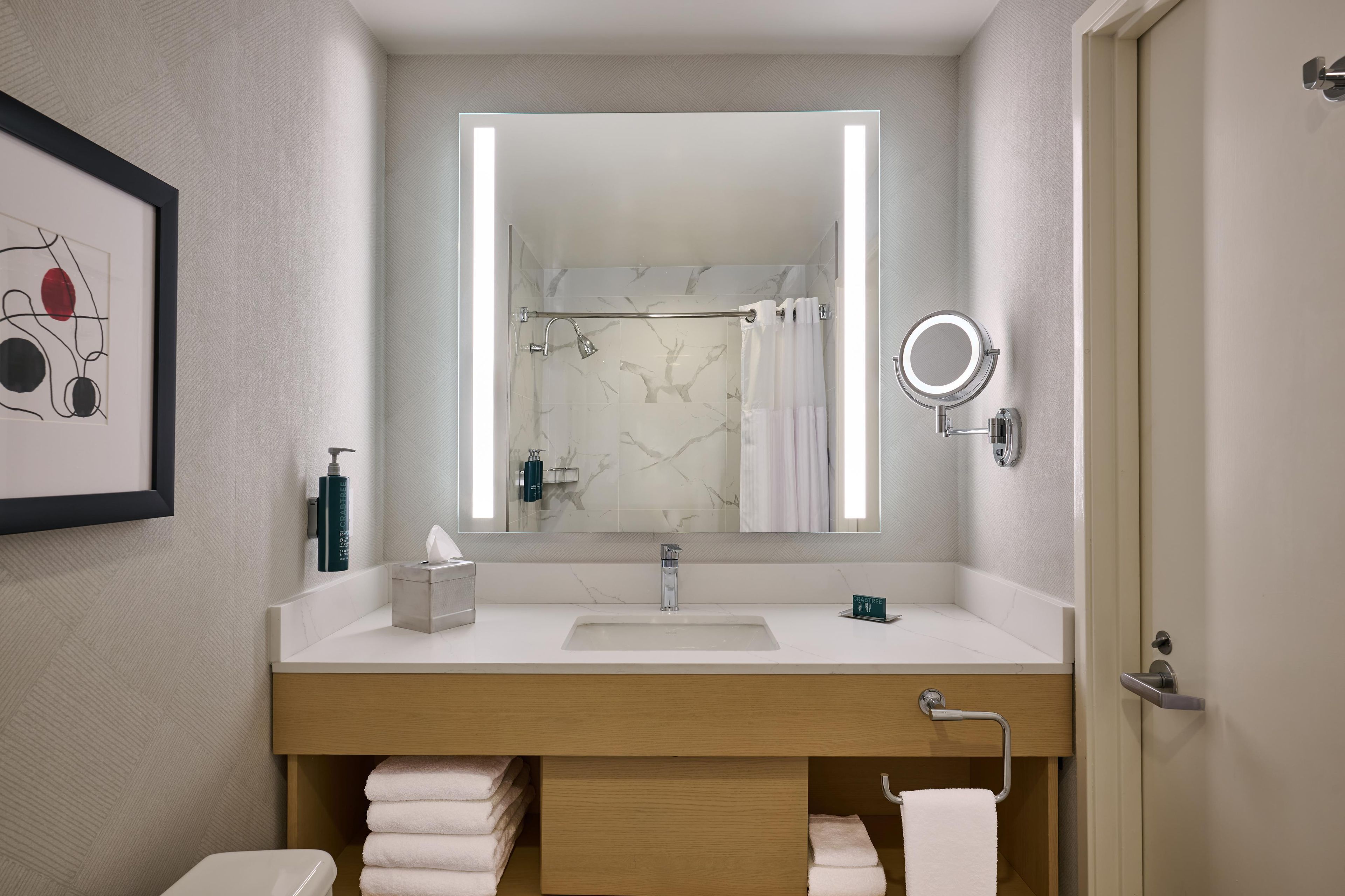 A modern bathroom with a large mirror, a sink, a towel rack, and a framed picture on the wall.