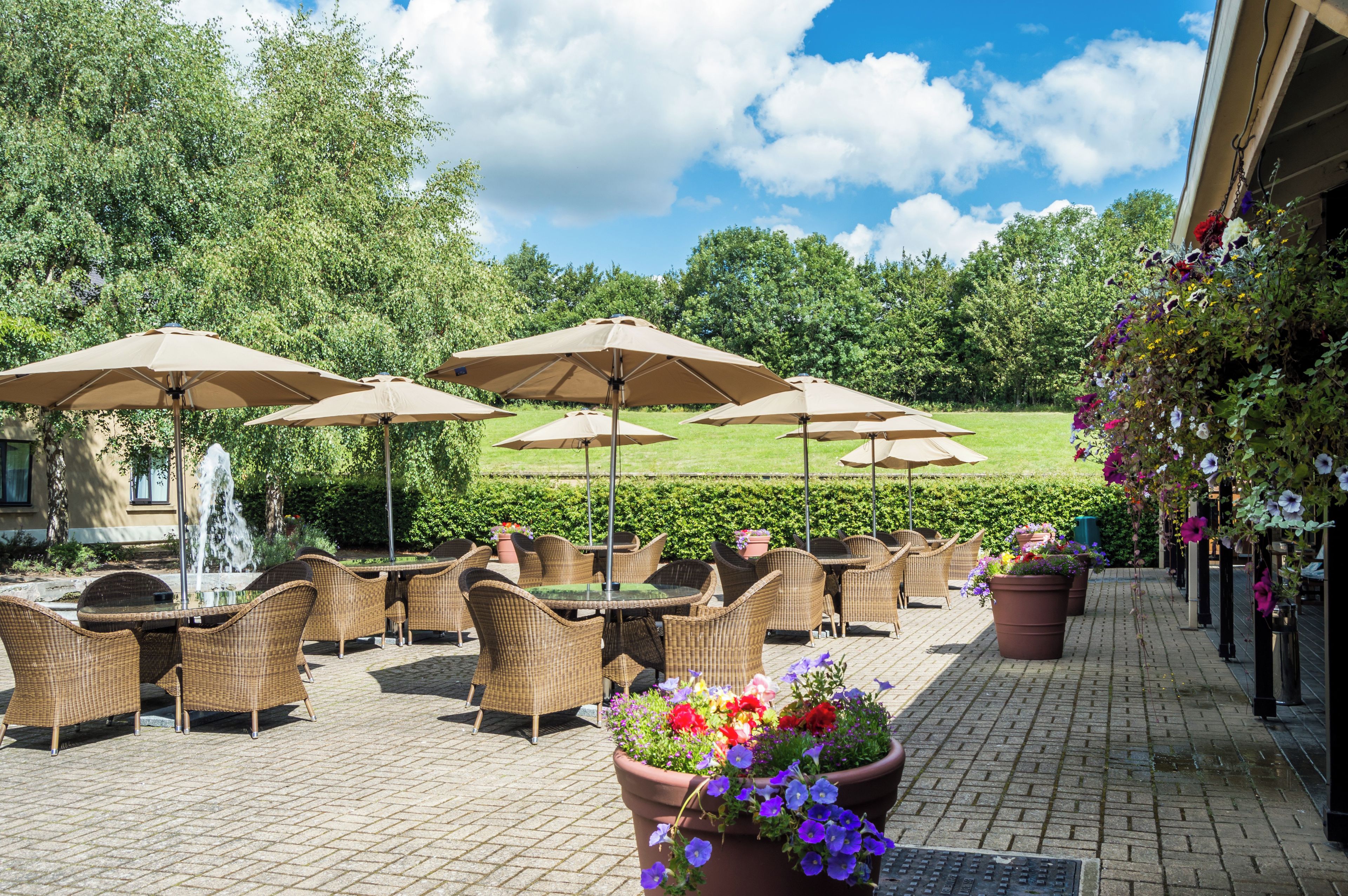 Un espace extérieur aménagé avec des chaises et des tables en osier, entouré de parasols et de plantes en pot.