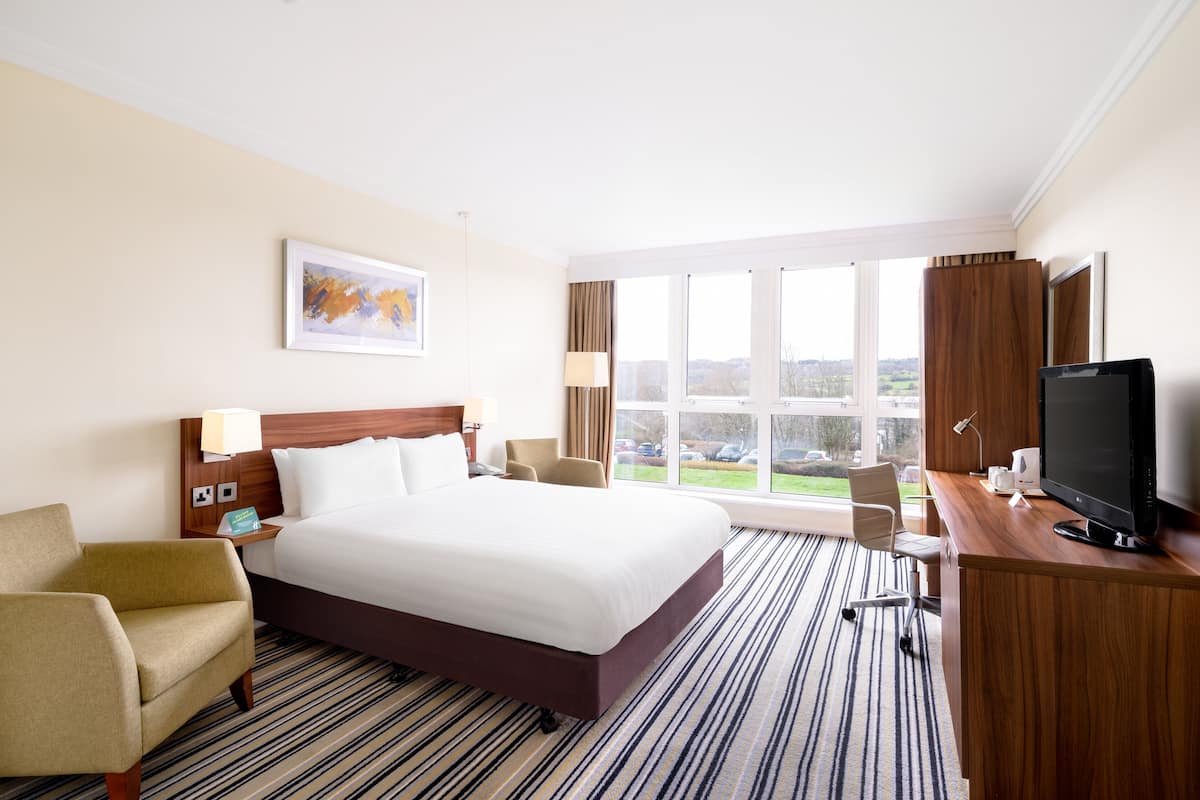 A hotel room with a large bed, a desk with a computer, a TV, and a view of the outdoors.