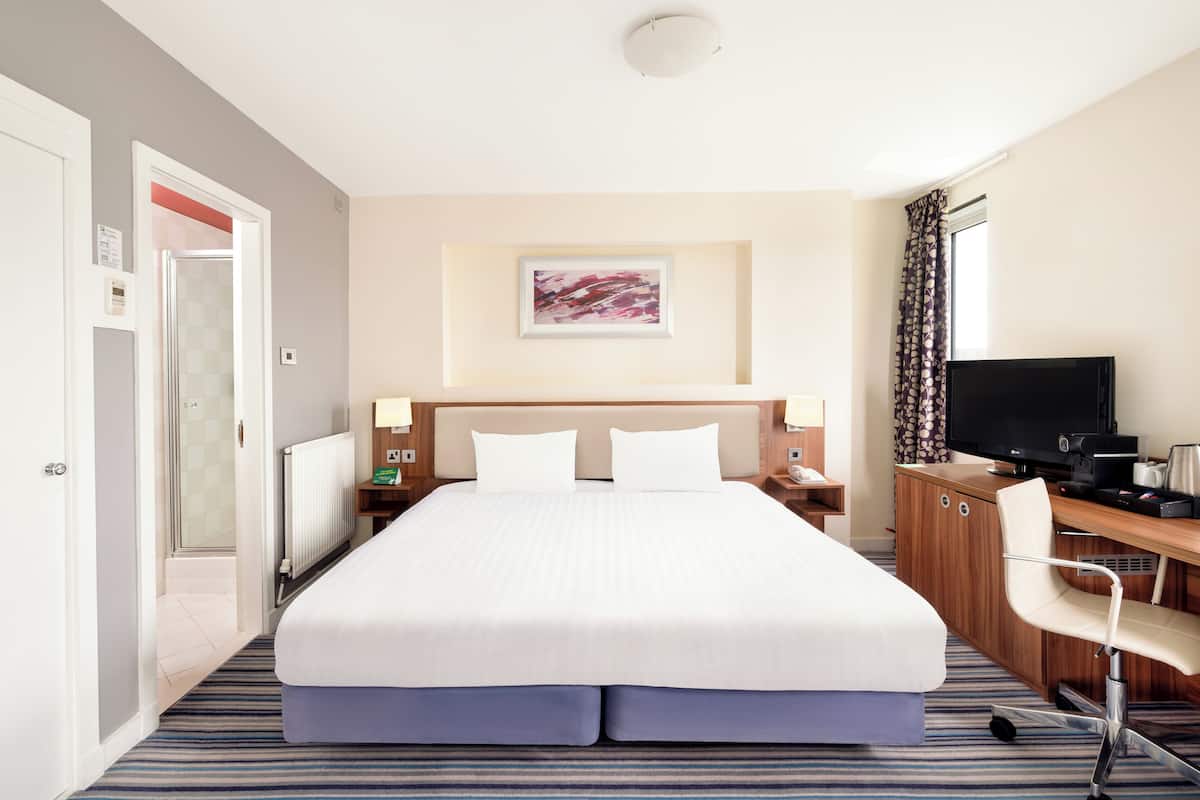 A hotel room with a large bed, a desk with a chair, a television, and a framed picture on the wall.
