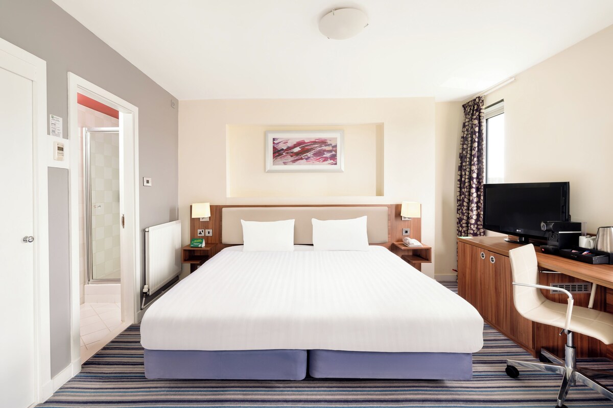 A hotel room with a large bed, a desk with a chair, a television, and a framed picture on the wall.