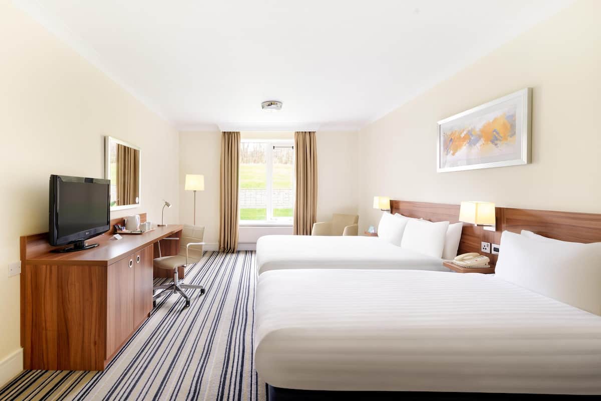 A hotel room with two beds, a desk with a TV, a lamp, and a painting on the wall.