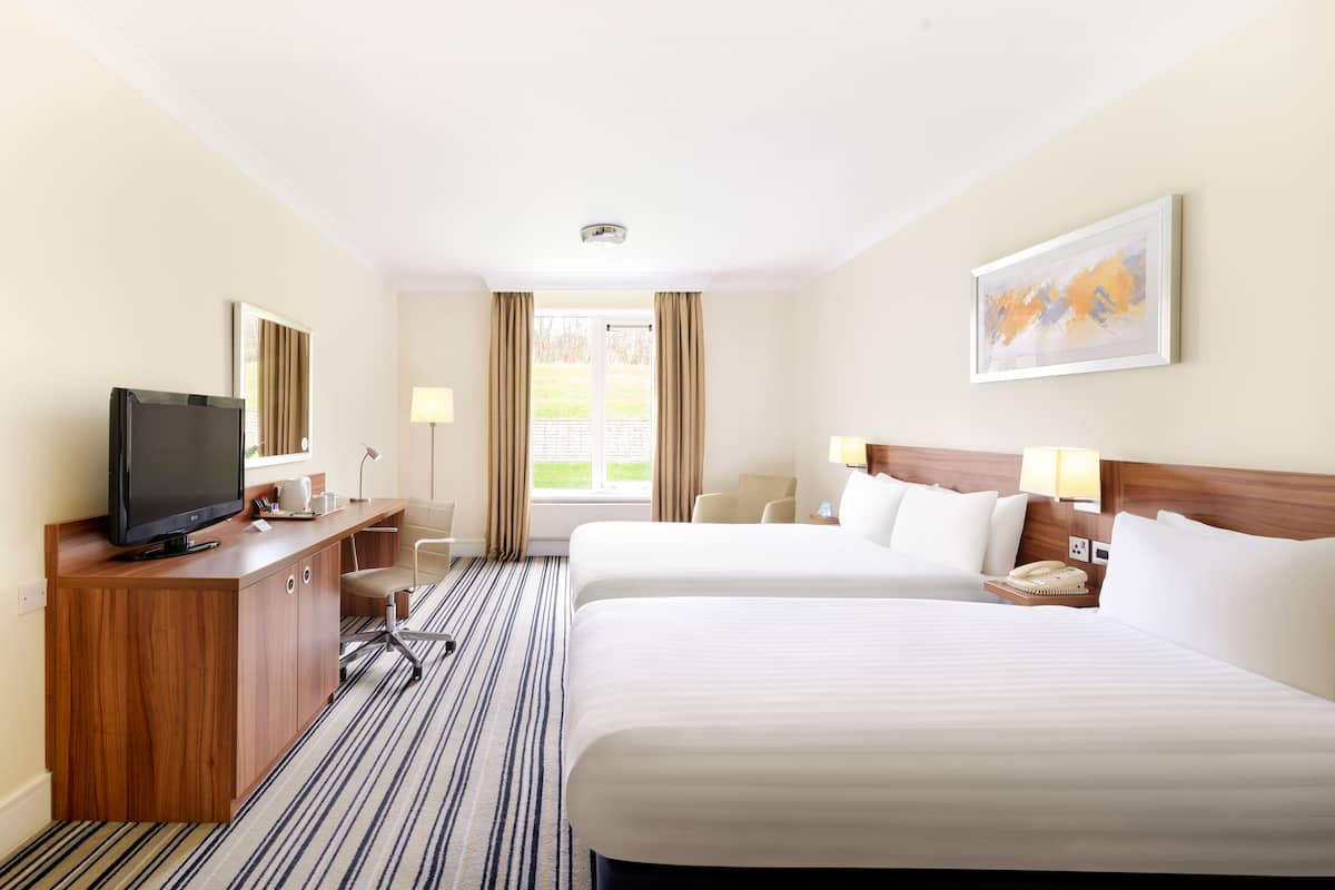 A hotel room with two beds, a desk with a television, a chair, a lamp, and a painting on the wall.