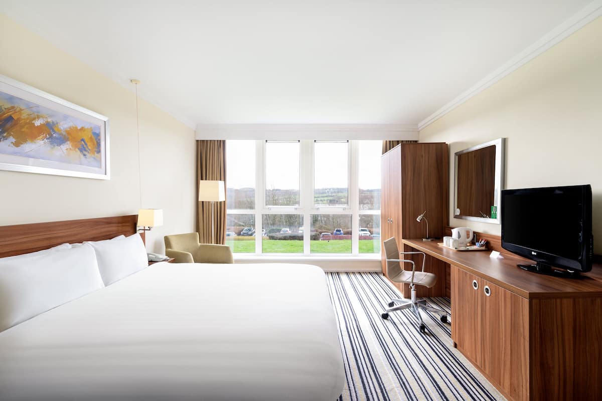 A hotel room with a large bed, a desk with a TV, a chair, a window with a view of the parking lot, and a painting on the wall.