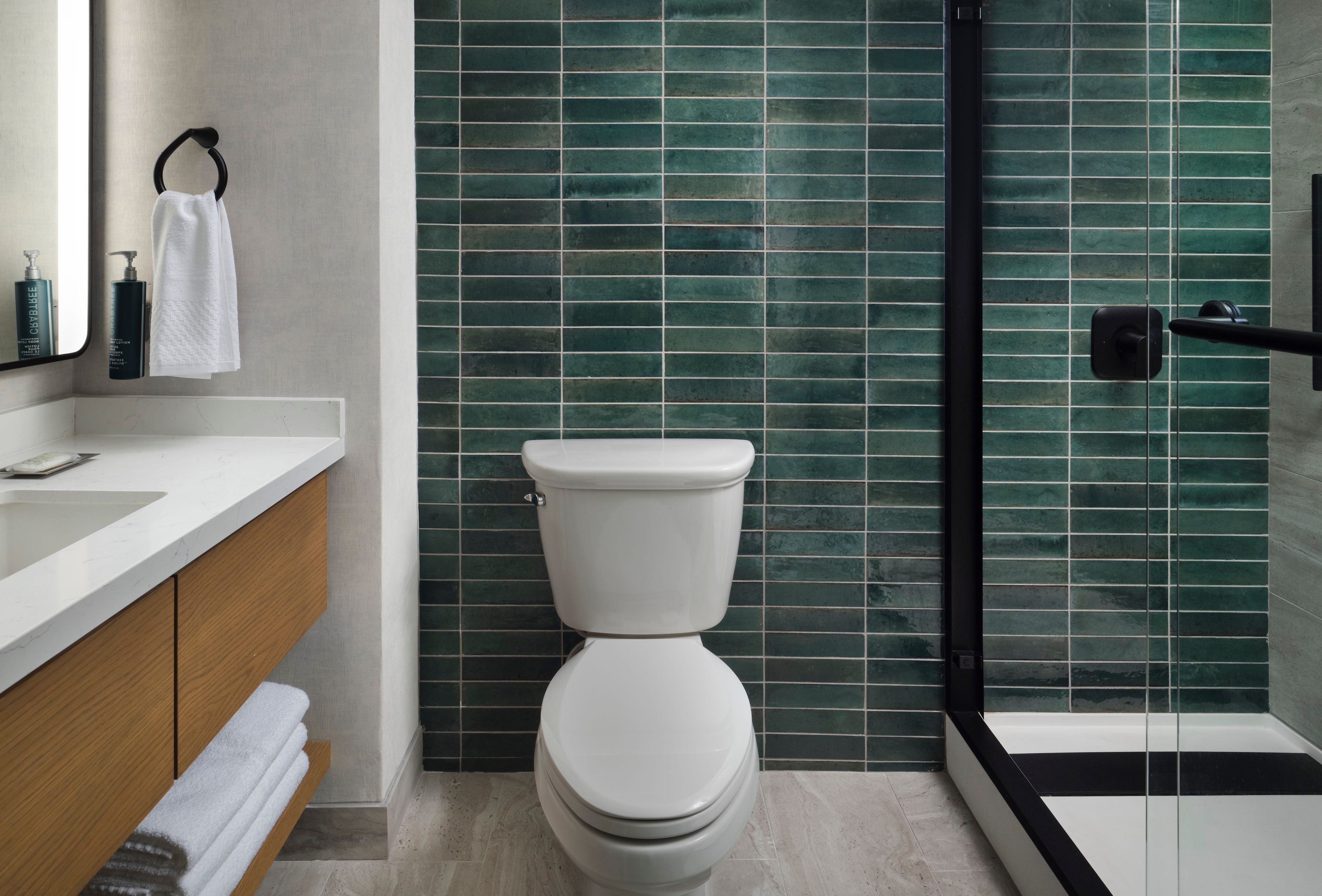 Combined shower/tub, free toiletries, hair dryer, towels