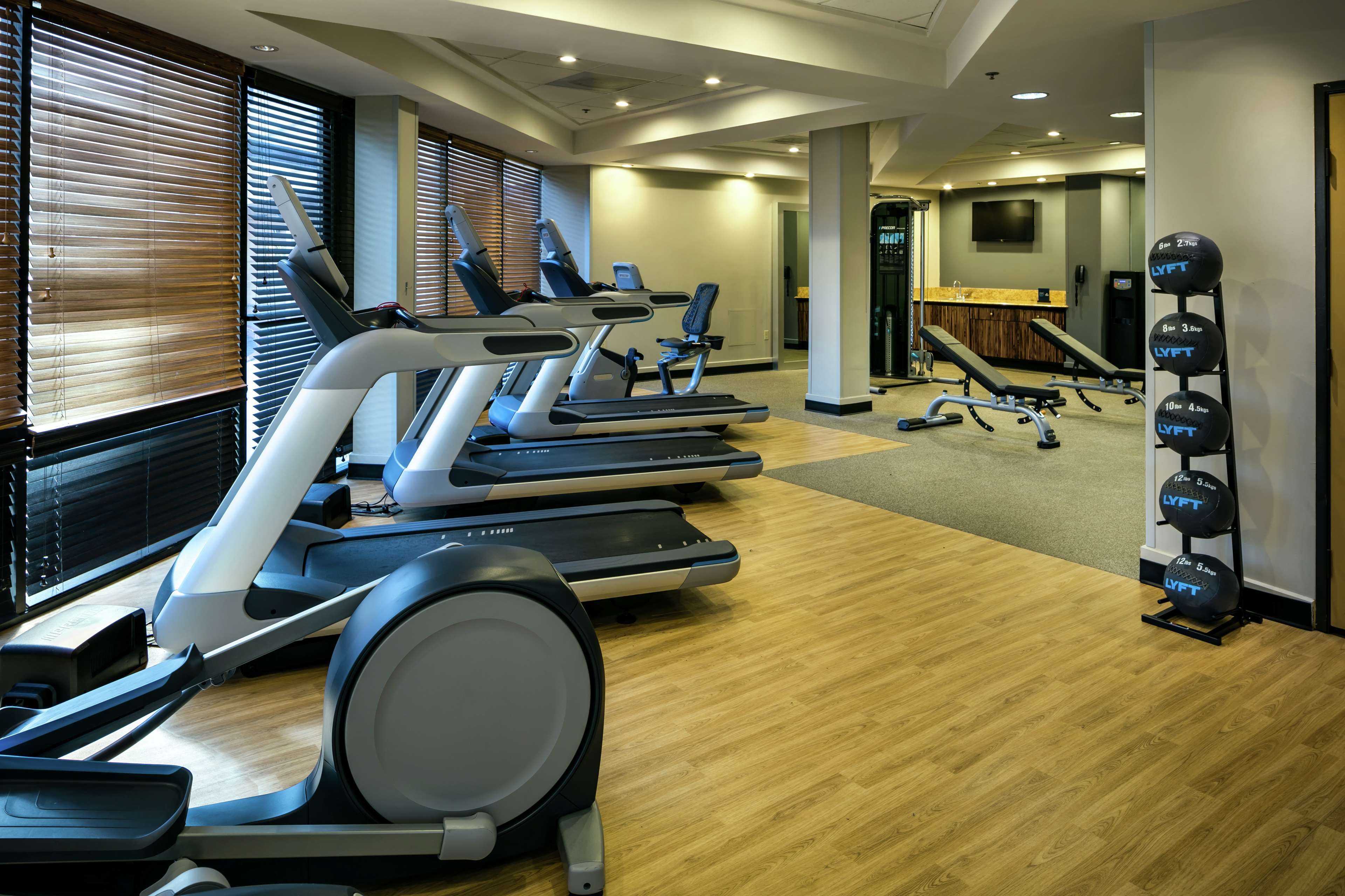 A gym with treadmills, a bench, and a weight rack.