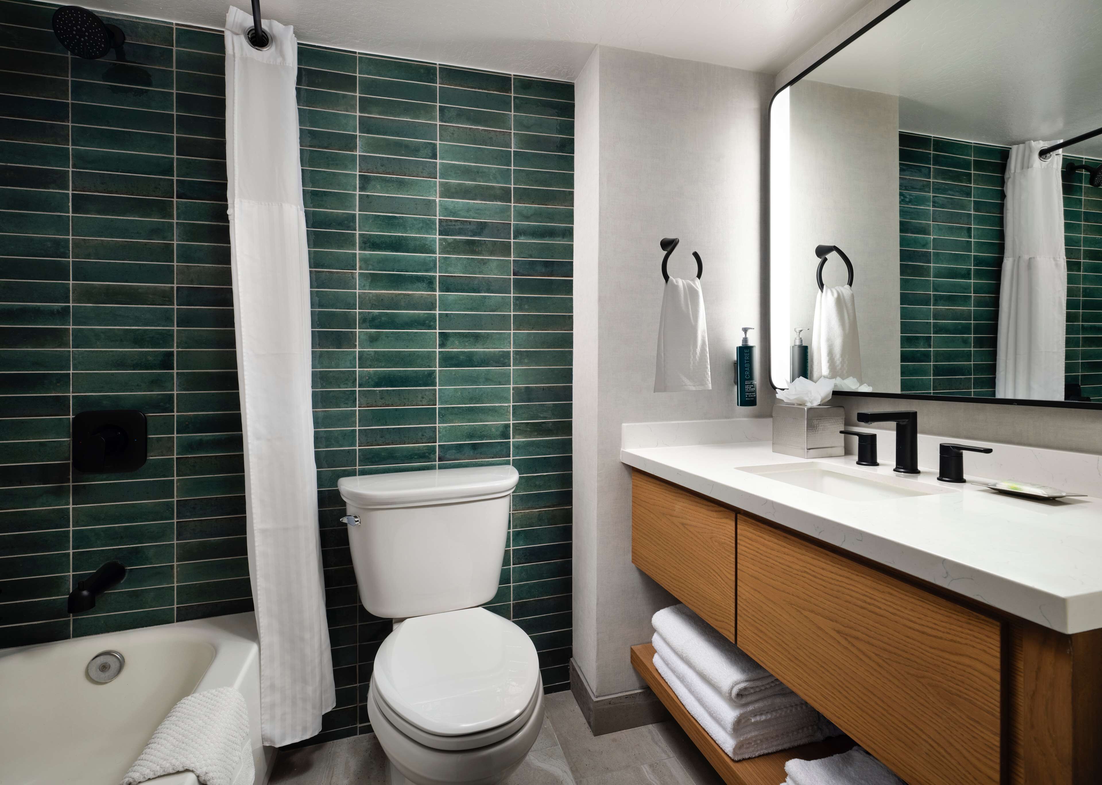 combined shower/bathtub, free toiletries, hair dryer, towels