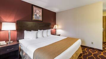 A hotel room with a large bed, two bedside tables with lamps, a framed picture on the wall, and a patterned carpet.