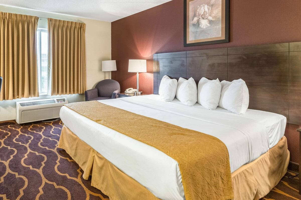 Quarto de hotel com uma cama grande, uma cadeira, uma escrivaninha, um abajur e um quadro na parede.