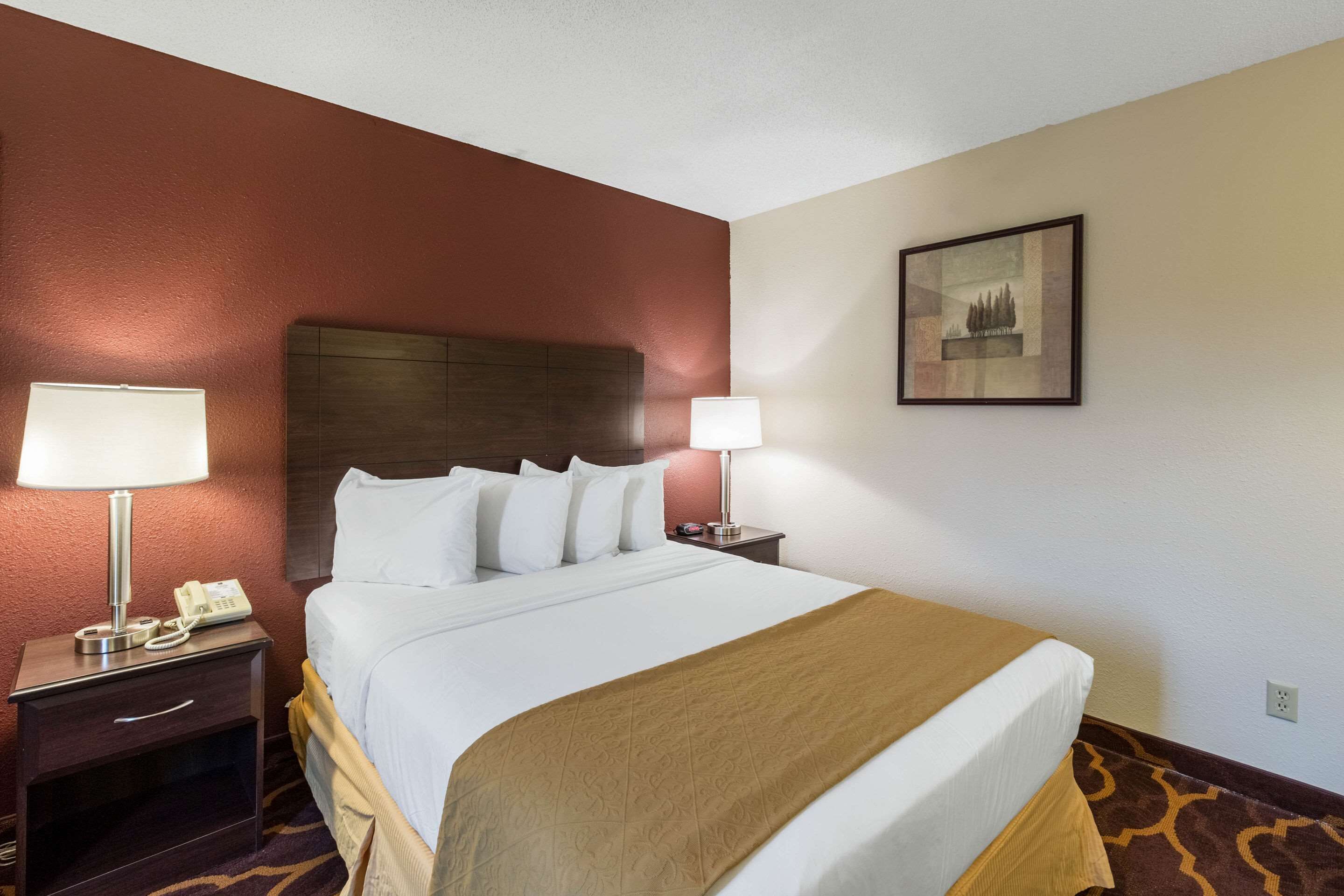 A hotel room with a large bed, two bedside lamps, a nightstand with a phone, and a framed picture on the wall.