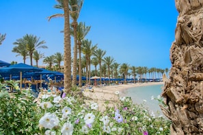 A beach with palm trees, umbrellas, and a sandy shore.