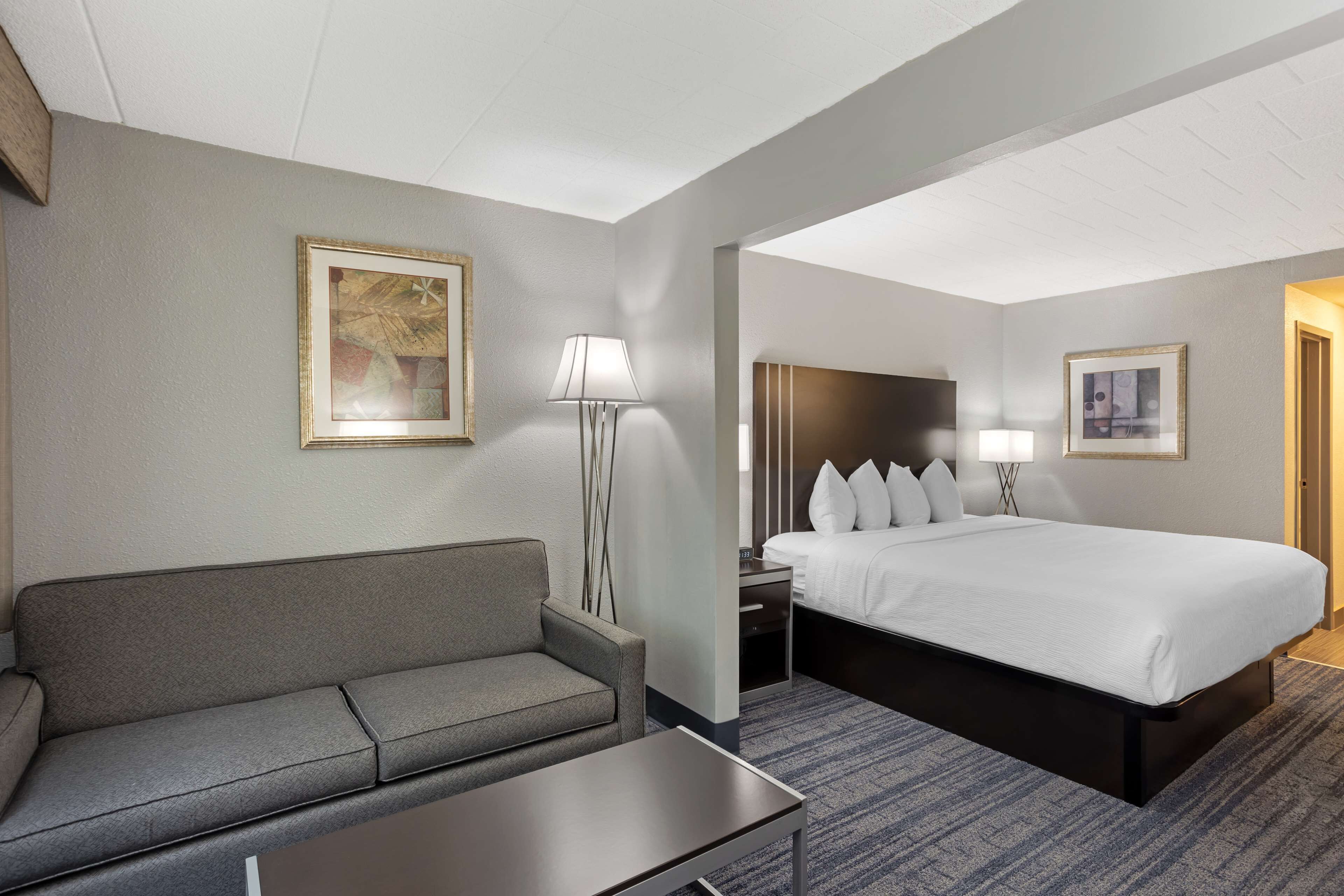 A hotel room with a bed, a sofa, a nightstand, and a lamp.