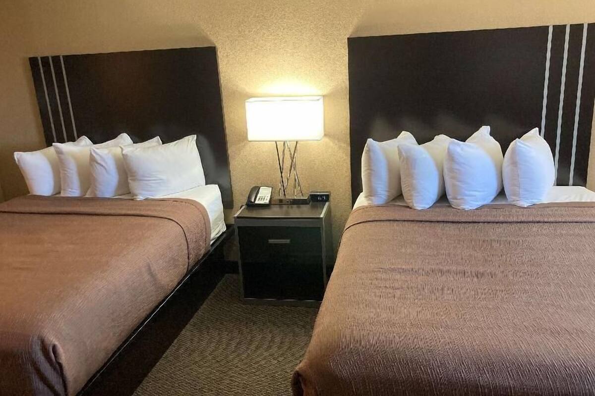 A hotel room with two beds, a nightstand with a lamp, and a wall-mounted phone.