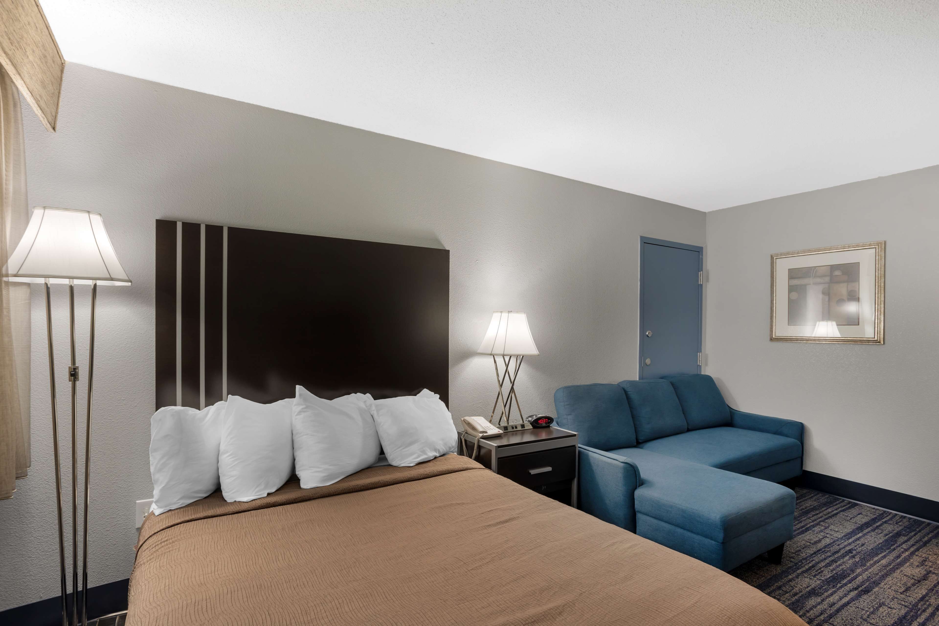 A hotel room with a bed, a blue sofa, two bedside lamps, a nightstand, and a framed picture on the wall.