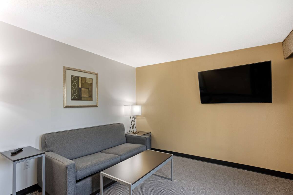 A hotel room with a grey sofa, a small table, a TV mounted on the wall, a lamp on a side table, and a framed picture on the wall.