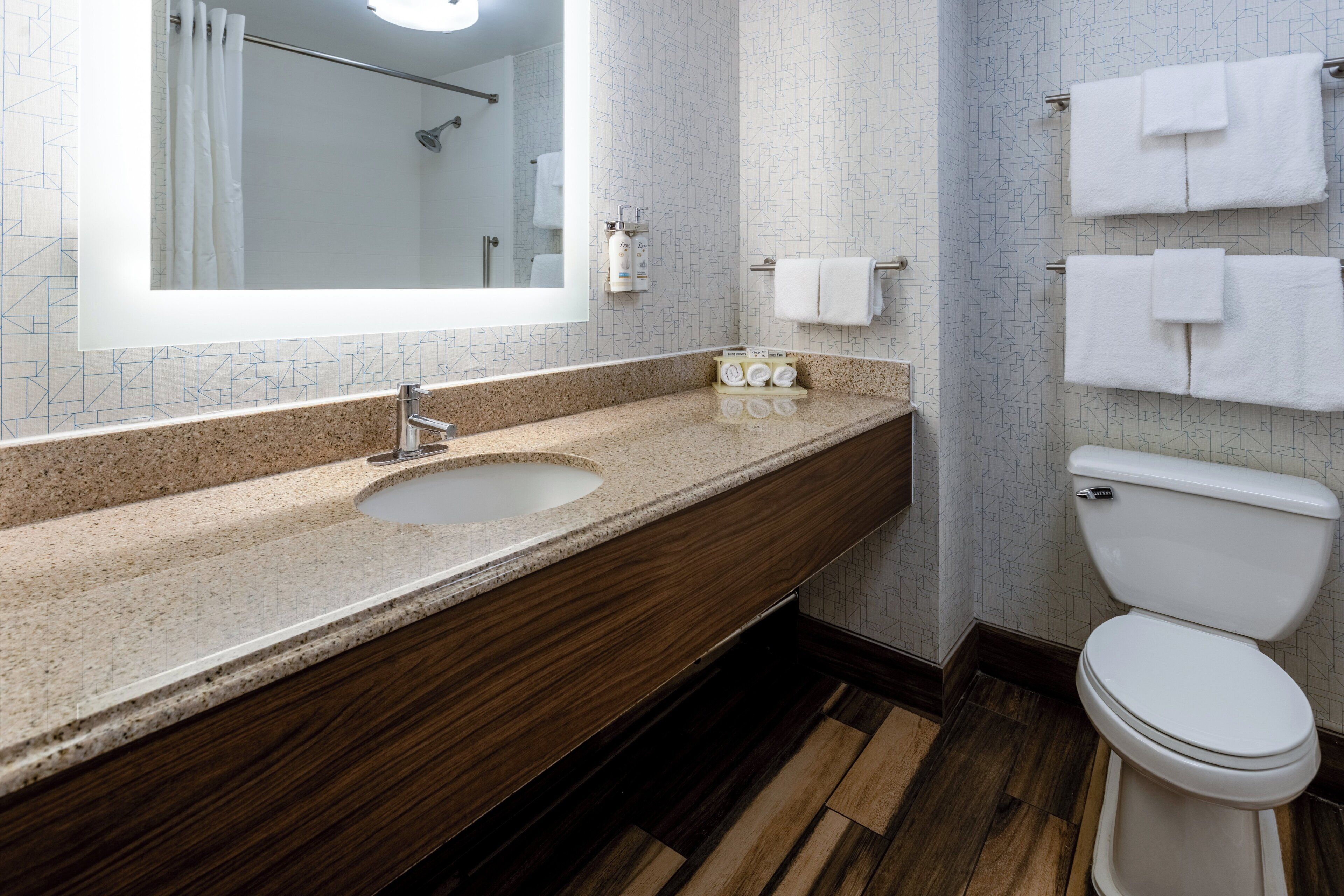 A modern bathroom with a granite countertop sink, a wooden vanity, a white toilet, and a large mirror.