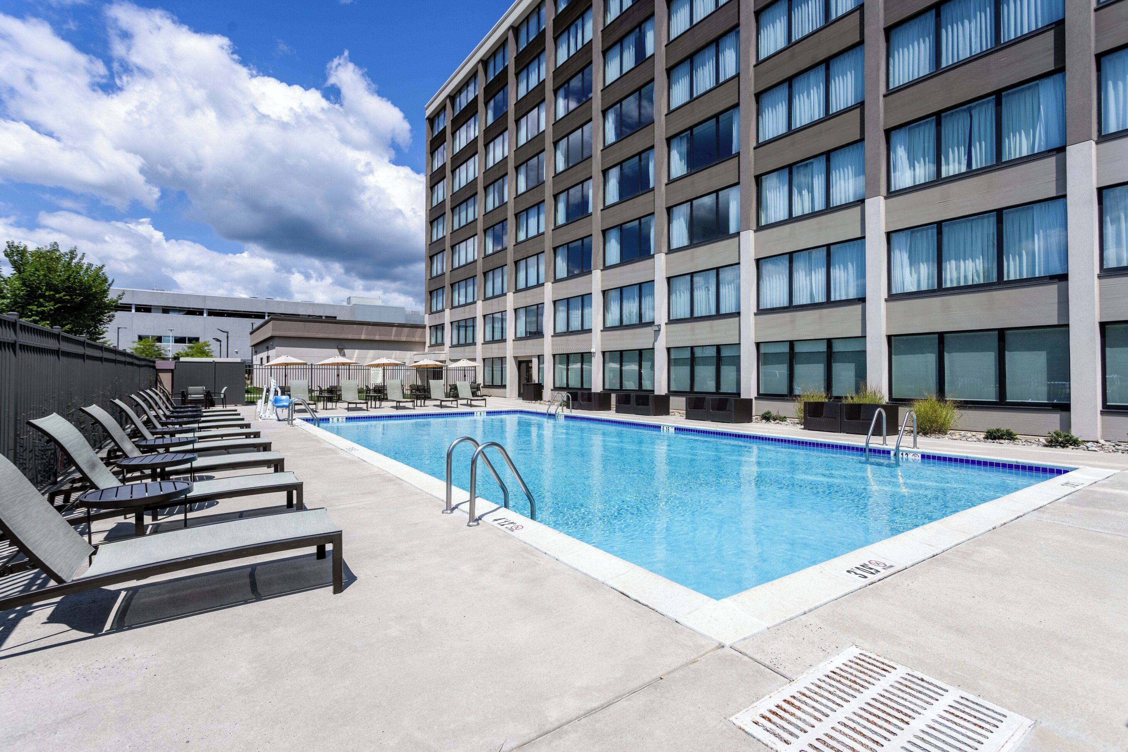 seasonal outdoor pool, open 11:00 am to 7:00 pm, pool loungers