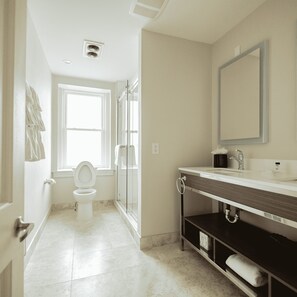 Bathroom features a toilet, glass-enclosed shower, and vanity with a mirror.