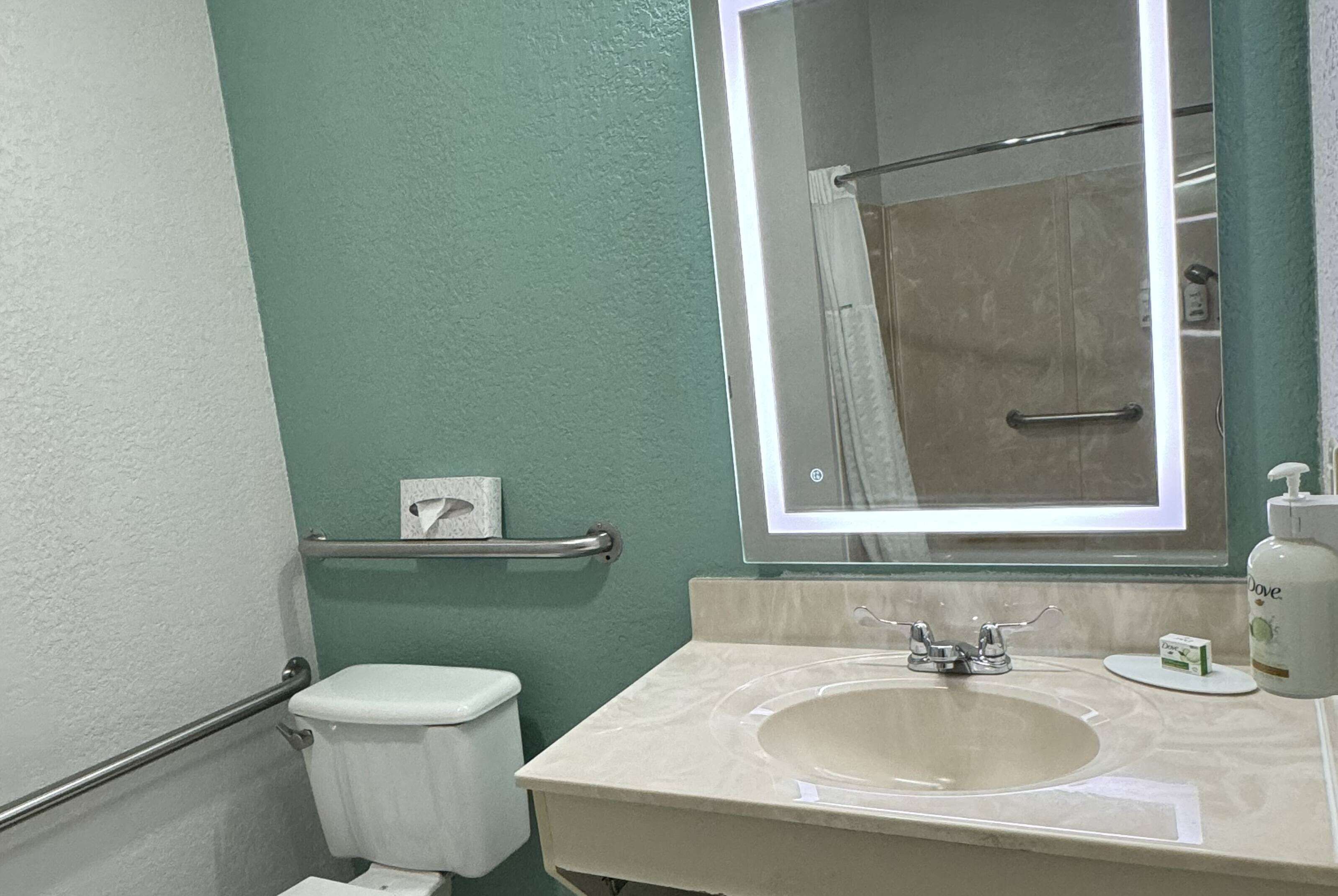 A bathroom with a toilet, sink, and mirror.