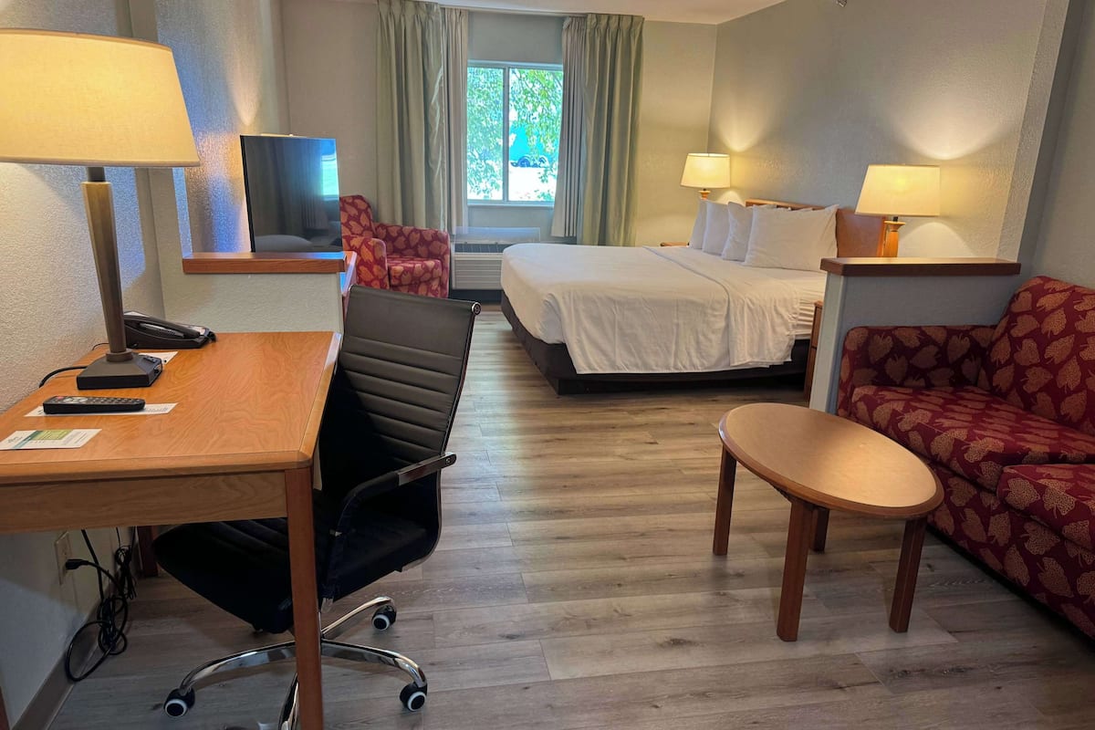 Habitación de hotel con escritorio, dos sillones, cama, sofá y dos lámparas.