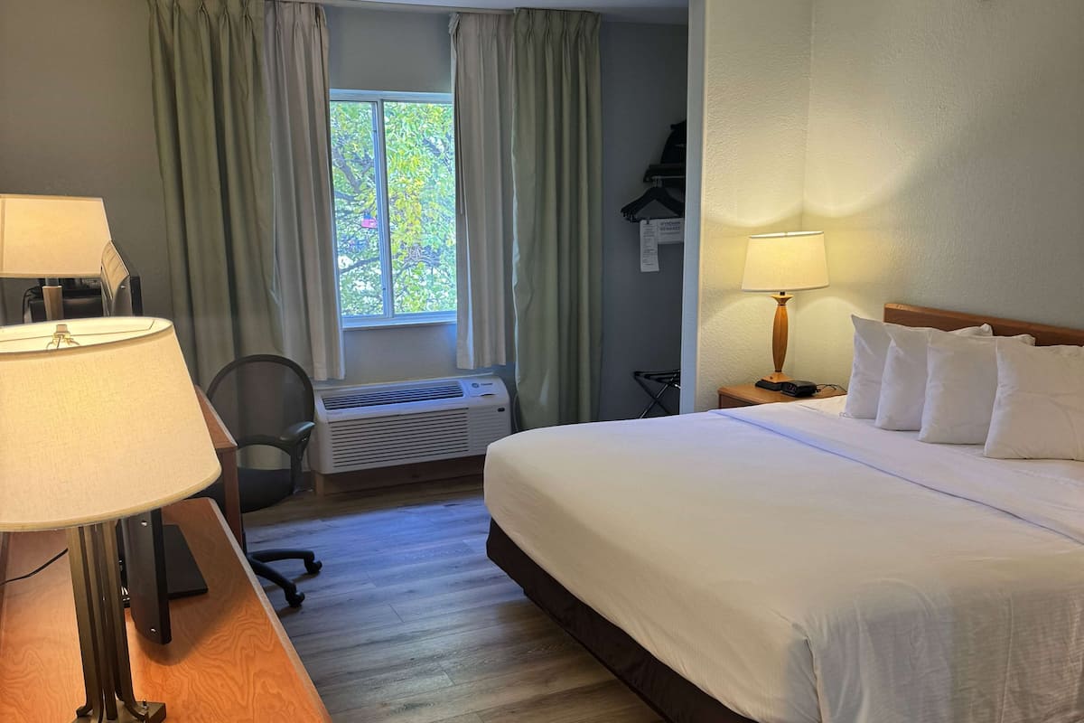 Habitación de hotel con cama, dos lámparas de noche, un escritorio con lámpara, una silla, una ventana con cortinas y un calefactor de pared.