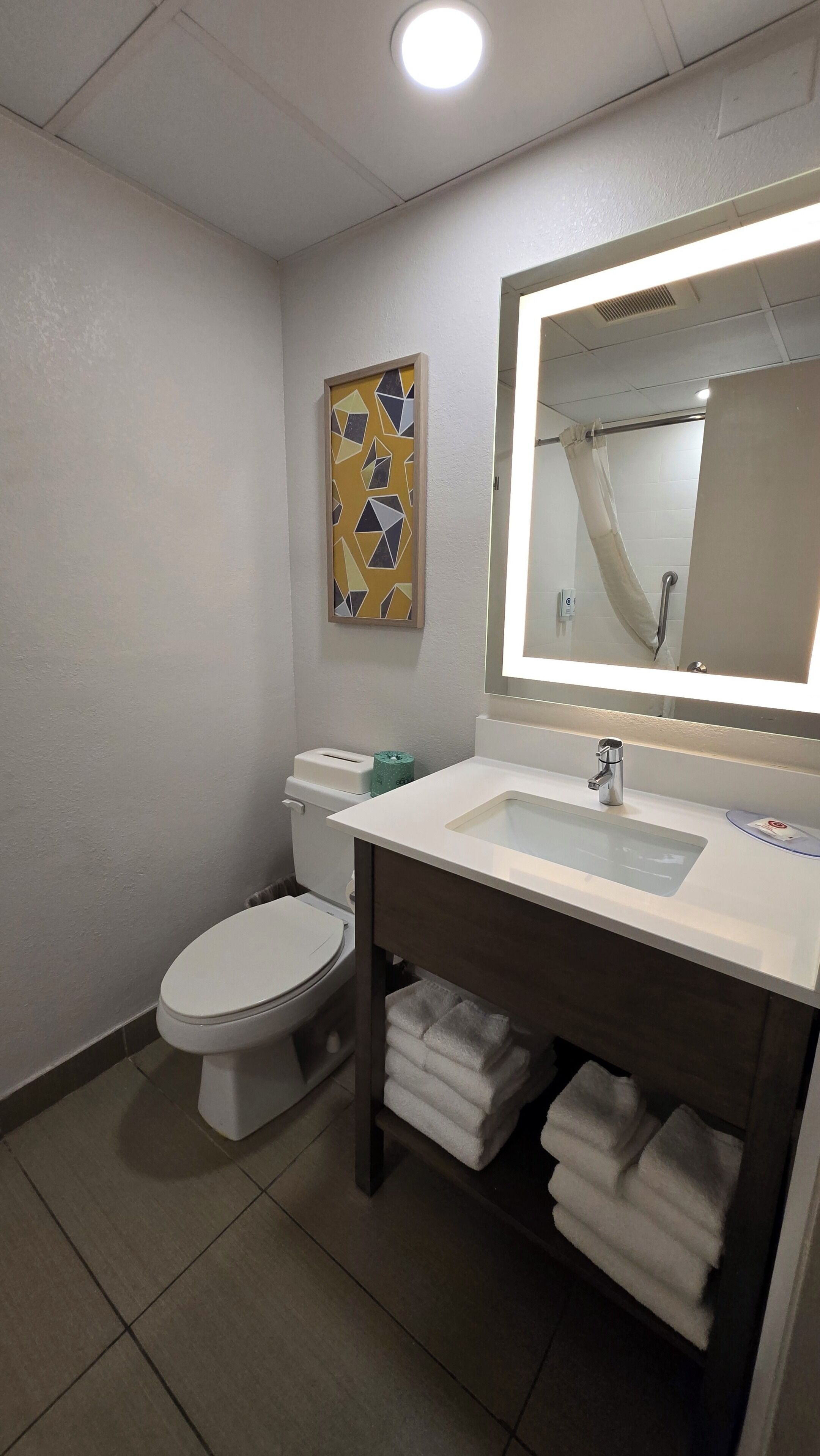 A bathroom with a toilet, sink, mirror, and towels.