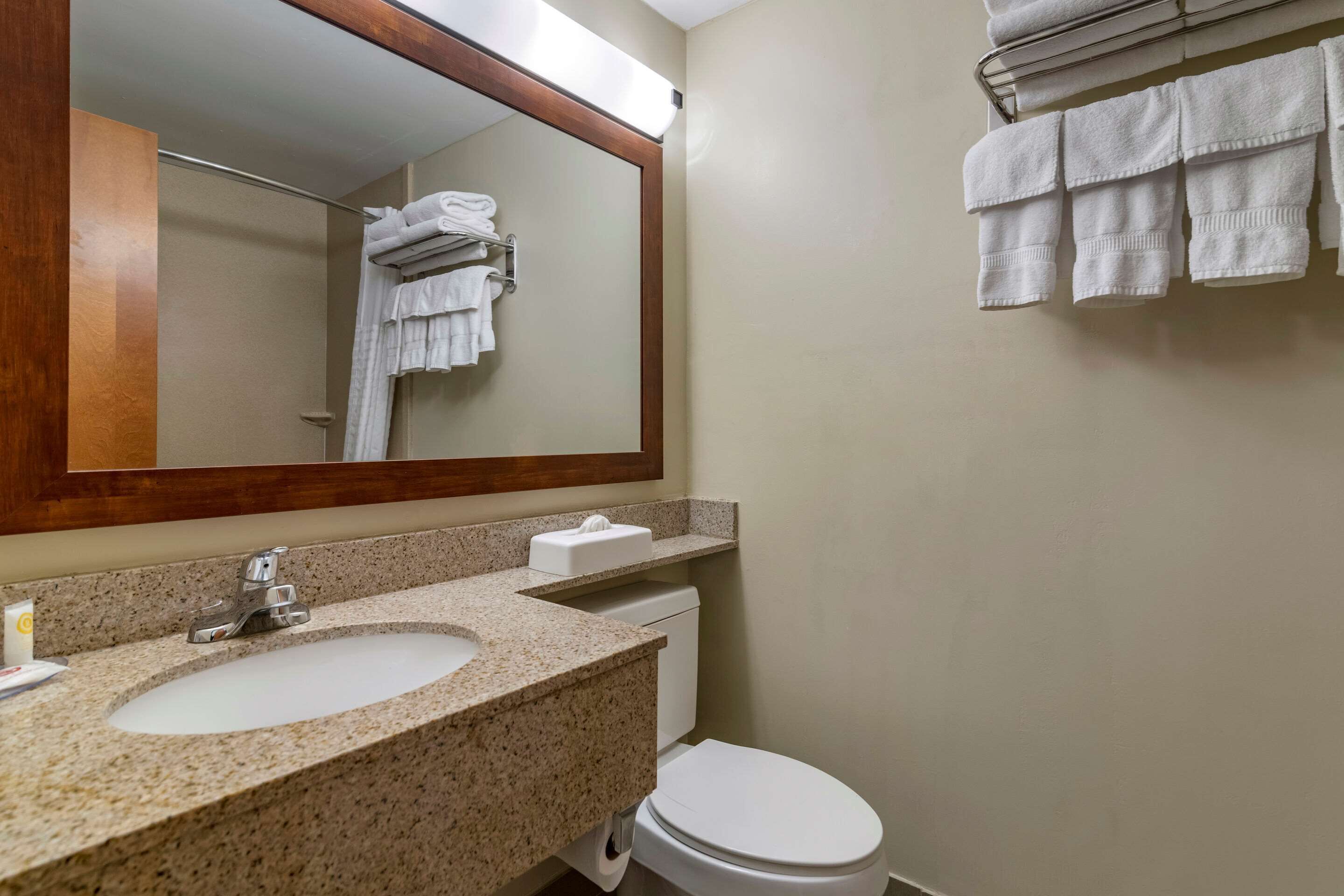 A bathroom with a sink, mirror, towel rack, and toilet.