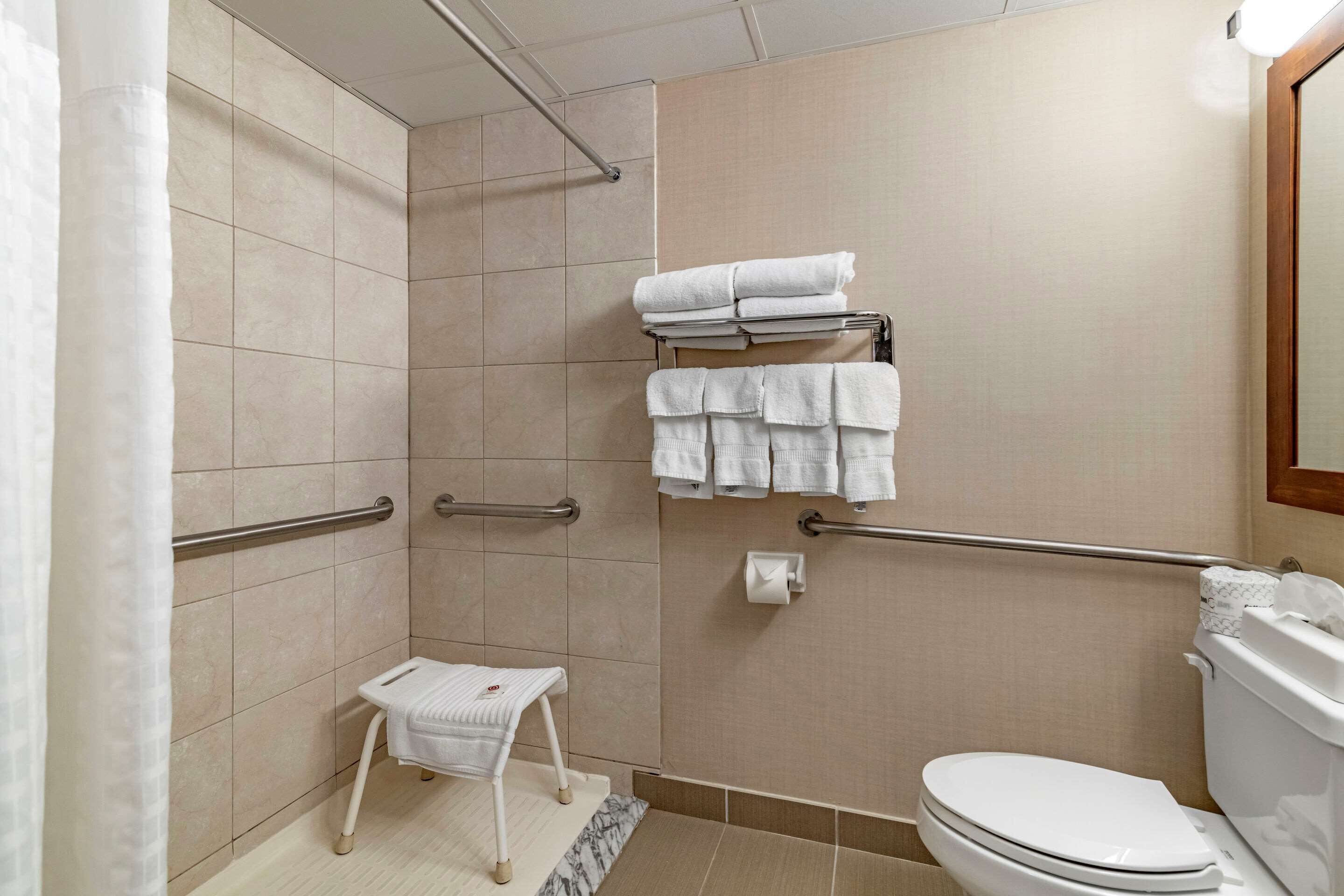A bathroom with a shower, toilet, and a small step stool.