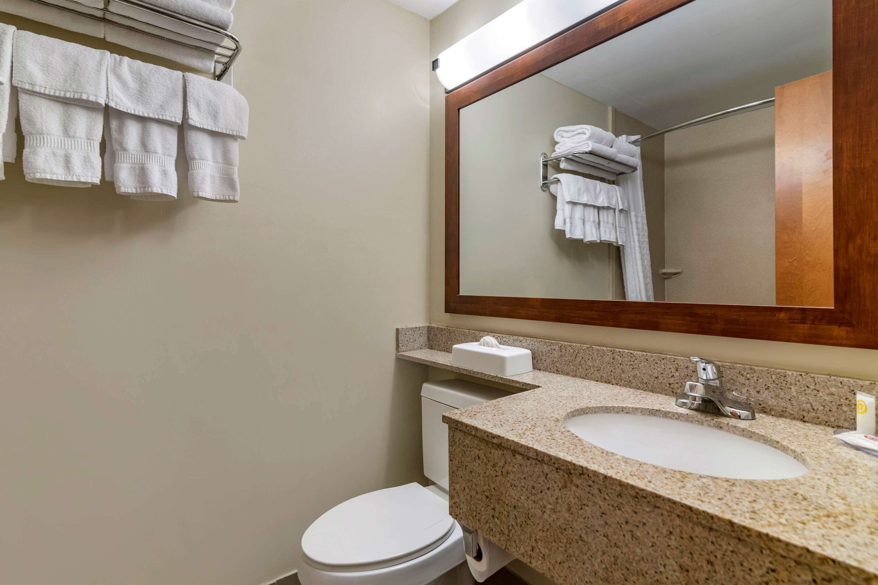 Un baño con inodoro blanco, un lavabo con encimera de granito, un espejo con marco de madera y toallas colgadas en un perchero.