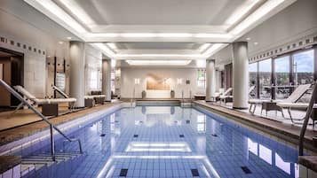 Indoor pool, open 8:00 AM to 9:00 PM, pool umbrellas, sun loungers