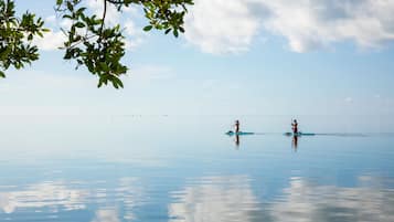 A calm body of water with two paddleboards, clear sky, and distant shoreline.